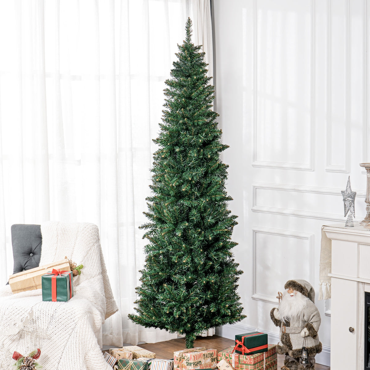 Sapin de Noël Artificiel 210 cm Arbre de Noël Slim avec support en acier pliable, 687 branches épines Vert-1