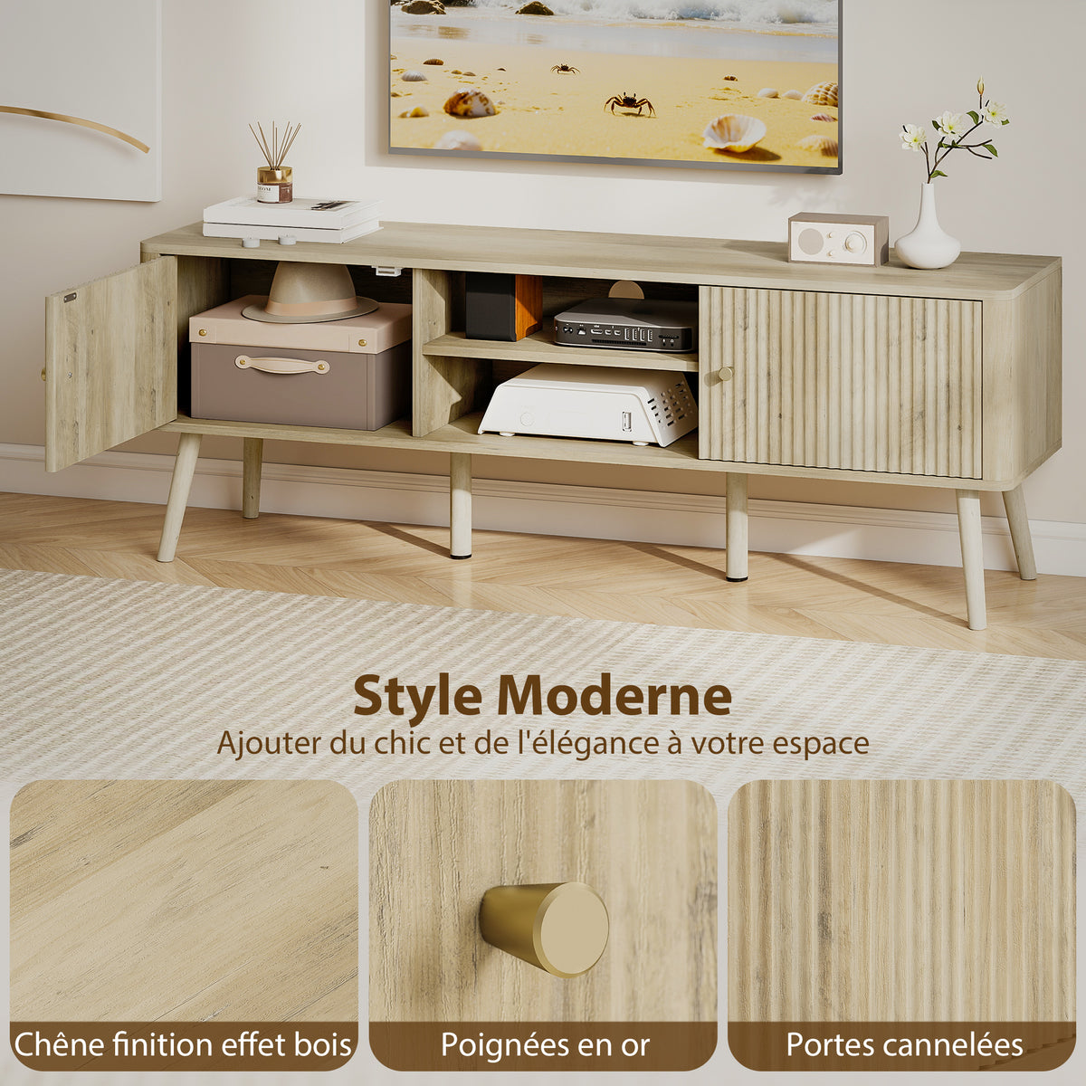 Meuble TV, meuble télé jusqu'à 65 pouces avec 2 portes, 2 compartiments ouverts, étagère réglable, 140x35x49cm, chêne-3