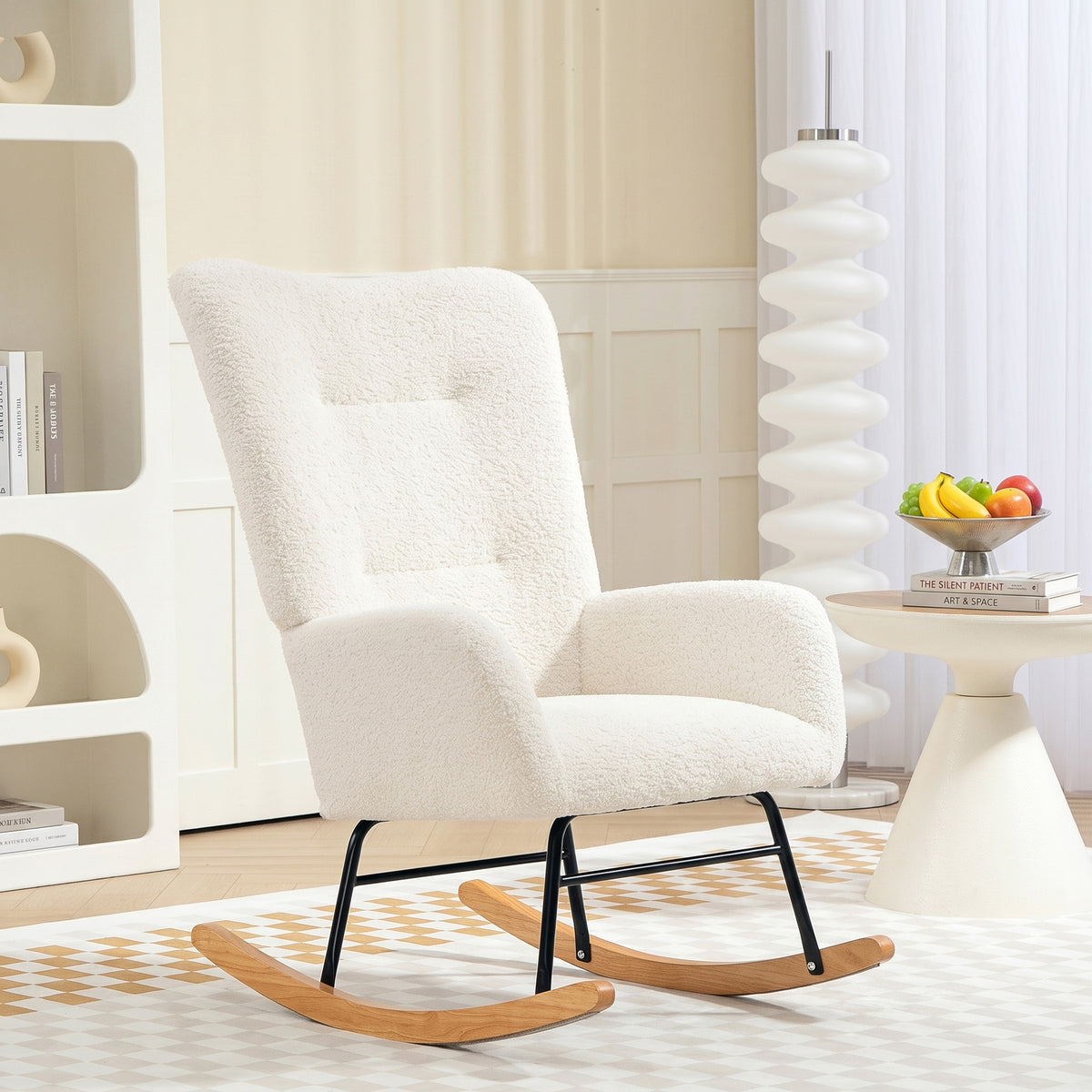 Fauteuil à bascule en tissu effet laine bouclée avec pieds en bois massif d'hévéa pour chambre, salon, crème-1