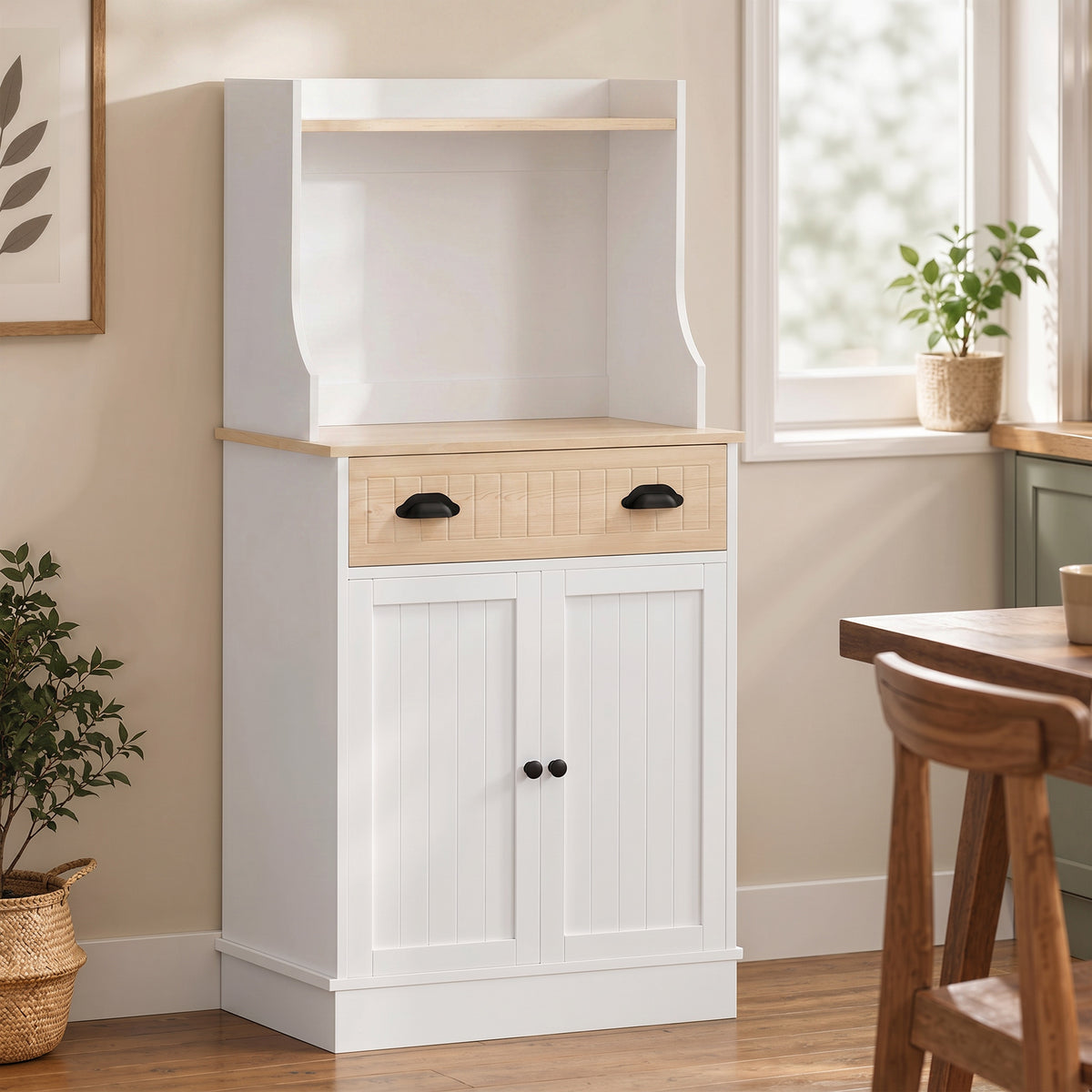 Meuble armoire micro-ondes pour cuisine avec espace ouvert 1 tiroir et placard 2 portes 61 x 35 x 125,4 cm chêne-1