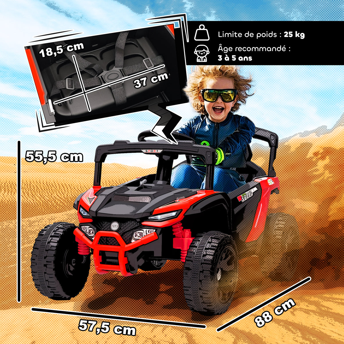 Voiture électrique enfant UTV, buggy électrique enfant 12V 2 moteurs, télécommande, LED, musique, klaxon, 3-8 ans, rouge-2