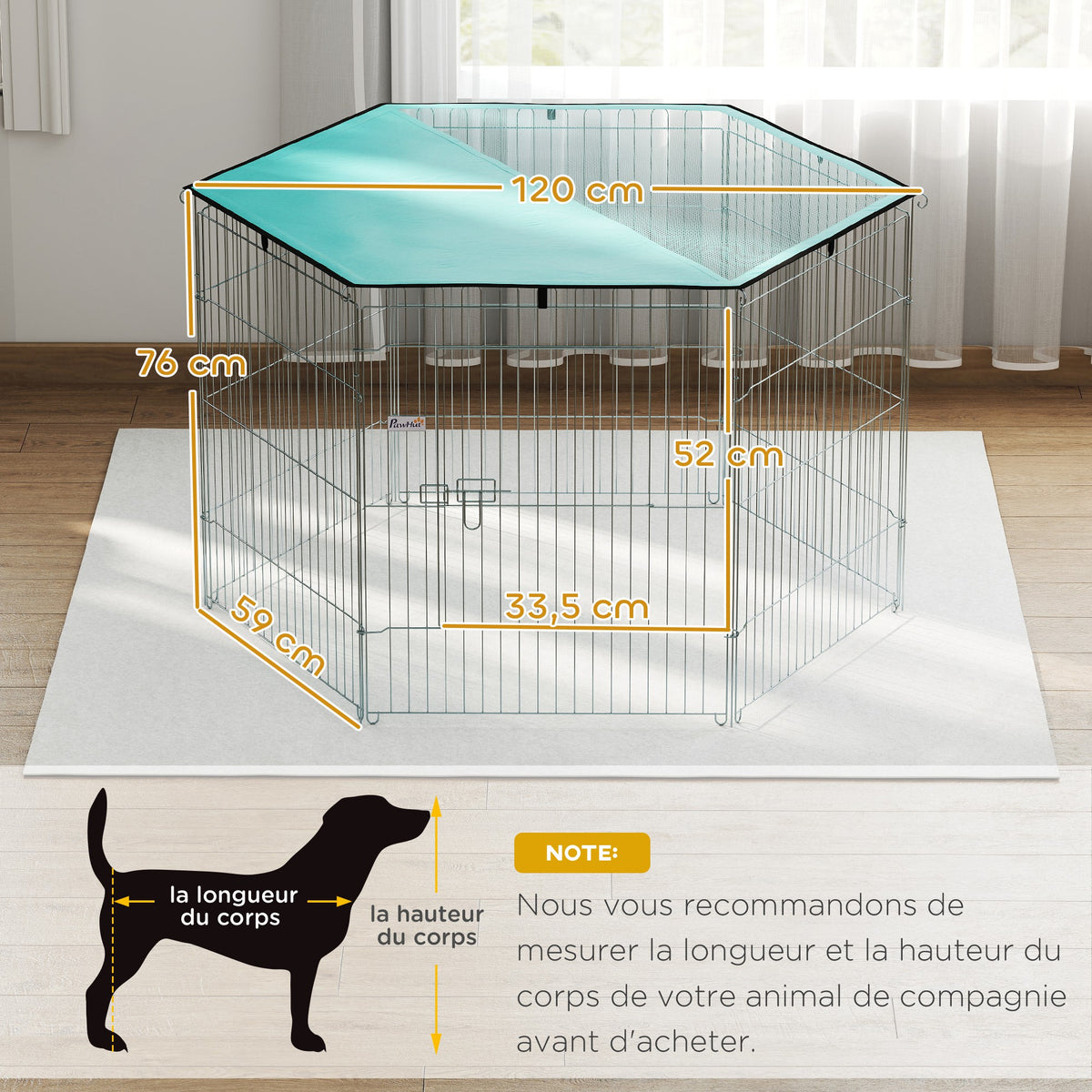 Parc pour chien, enclos chien 6 panneaux avec toit, modulable et pliable, enclos portable 76H cm avec porte argent vert-2