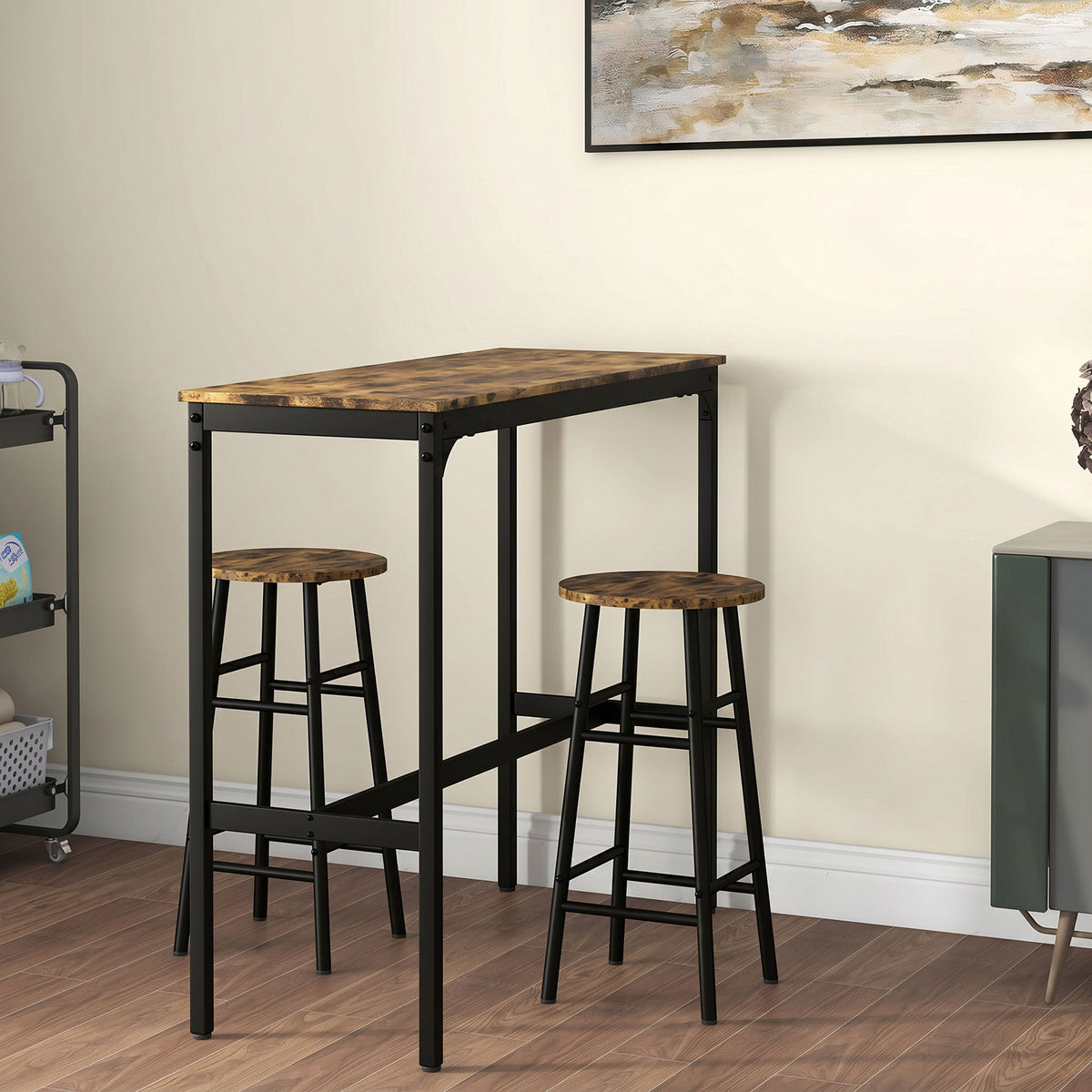 Ensemble table haute de bar + 2 tabourets structure en acier plateau aspect effet bois d'acajou 2 personnes noir-1