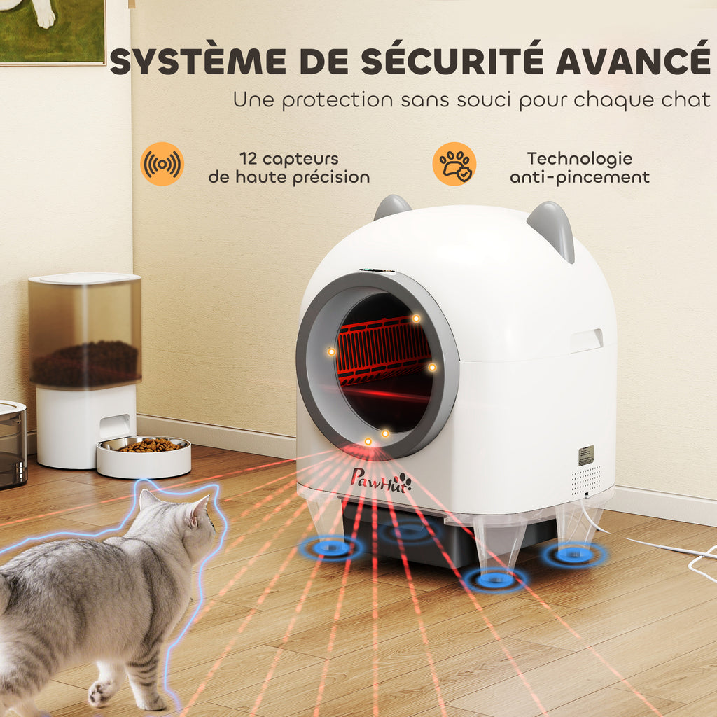 Bac à litière pour chat autonettoyant 80L, bac à litière automatique contrôle app, anti-pinch, 55,5 x 51 x 60 cm, blanc-3
