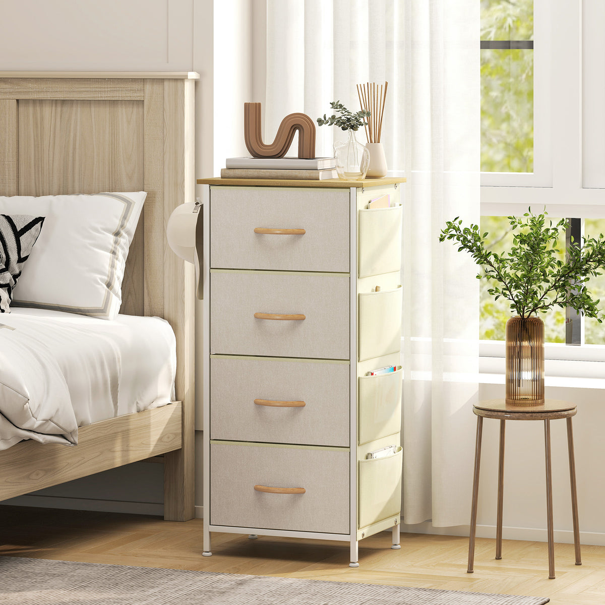 Commode 4 tiroirs en tissu, meuble de rangement avec 4 poches, 2 crochets, structure en acier, 45 x 30 x 94,5 cm, beige-1
