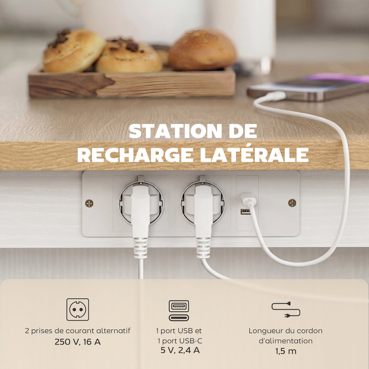Îlot de Cuisine avec Station de Charge, Chariot de Cuisine à Roulettes avec Plan de Travail Rabattable, 2 Tiroirs, Blanc-3