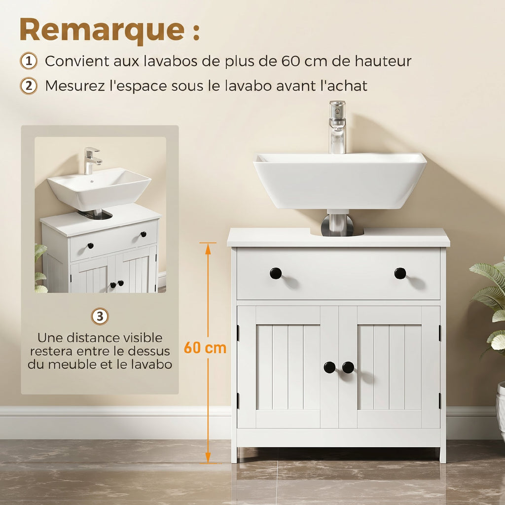 Meuble sous lavabo de salle de bain, meuble moderne sur pied avec charnières à fermeture douce, tiroir, 2 portes, blanc-4