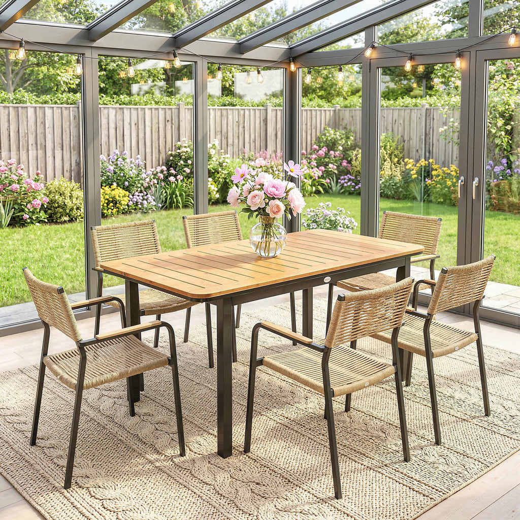 Table de Jardin 6 Personnes Rectangulaire en Bois Composite Cadre en Métal et Plateau à Lattes 127x70cm Marron-8
