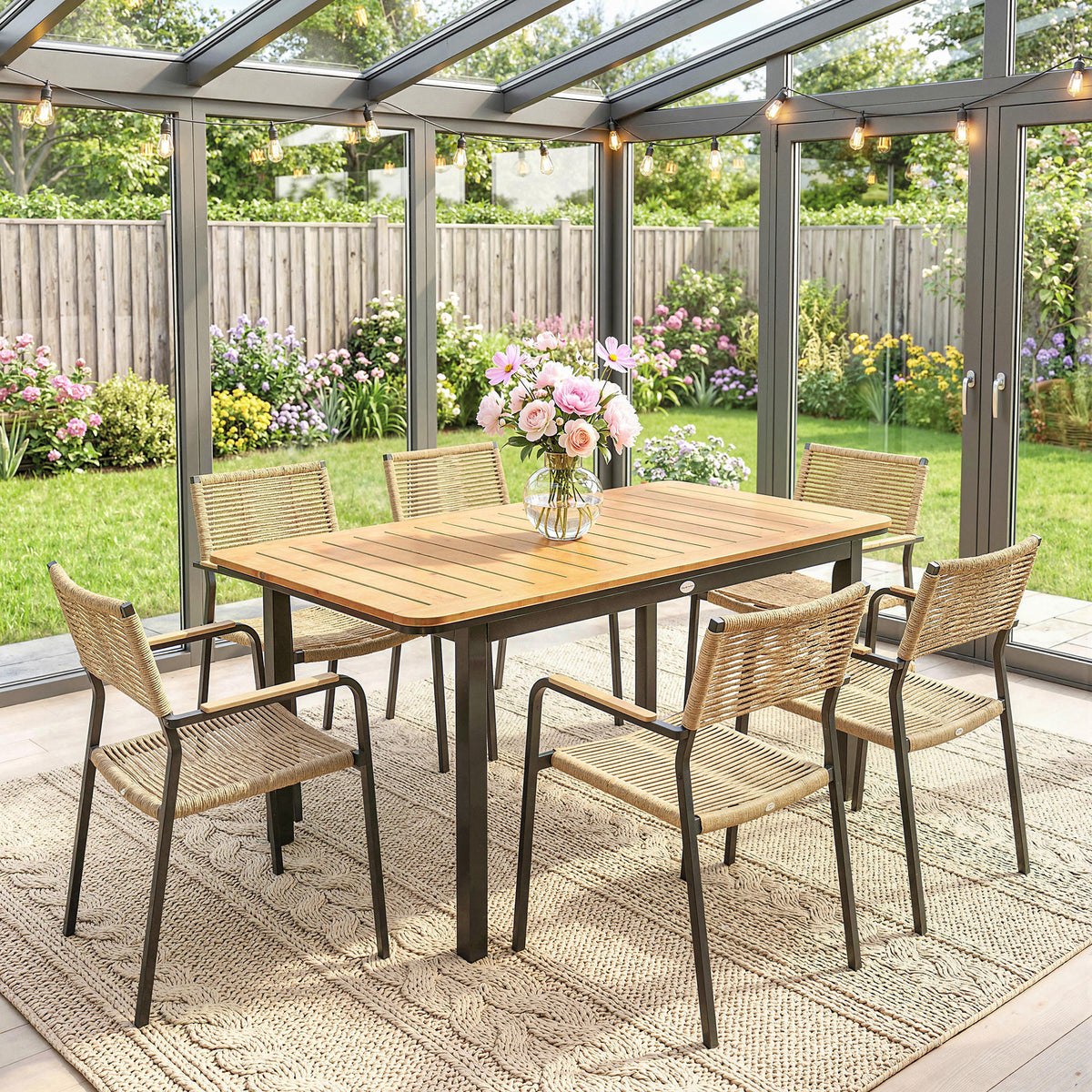 Table de Jardin 6 Personnes Rectangulaire en Bois Composite Cadre en Métal et Plateau à Lattes 127x70cm Marron-8