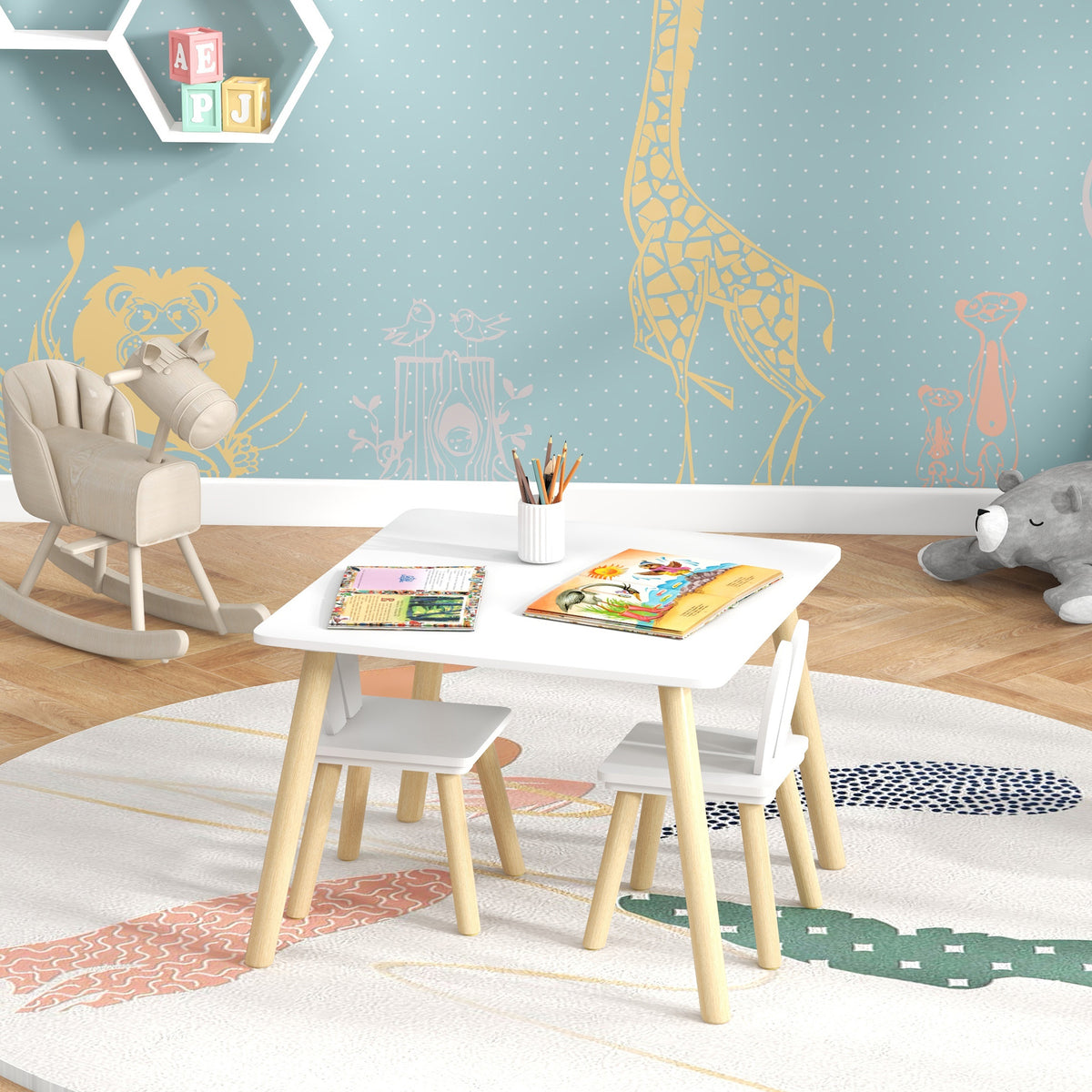 Ensemble table et 2 chaises enfant design scandinave motif oreille de lapin bois pin blanc-6