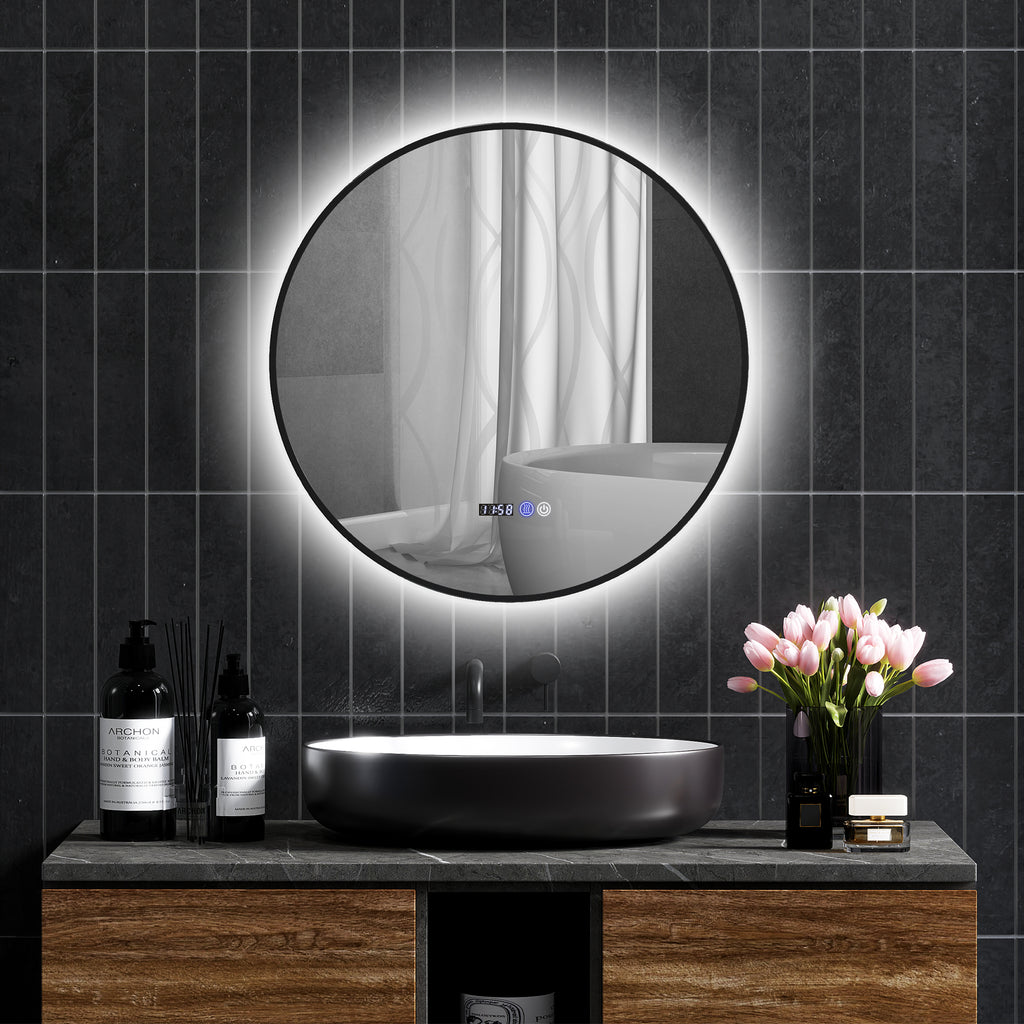 Miroir de salle de bain rond avec éclairage LED, intensité variable, fonction anti-buée, interrupteur tactile, noir-9