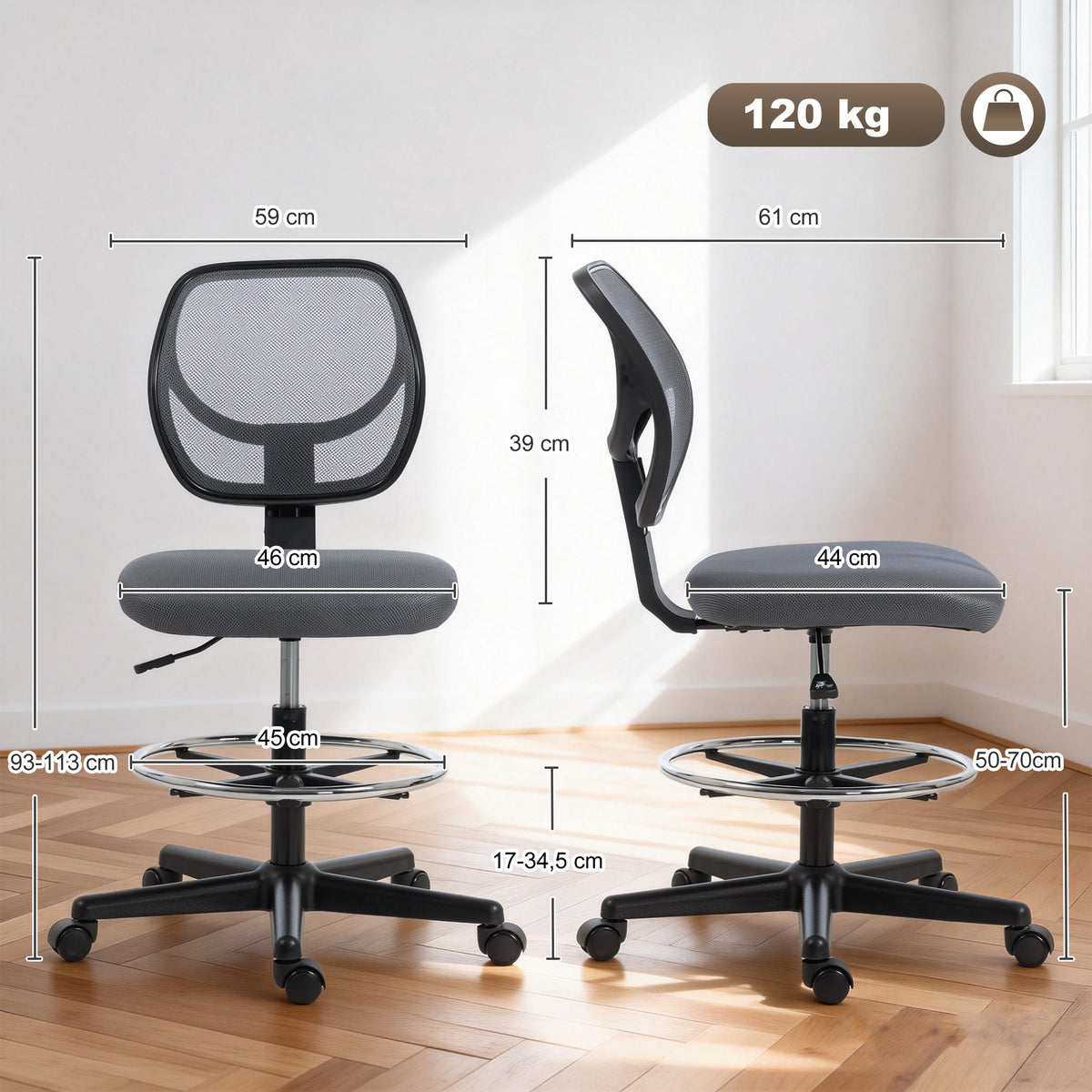 Chaise bureau ergonomique, fauteuil de bureau avec repose-pieds, chaise à dessin en maille, hauteur réglable, gris foncé-2