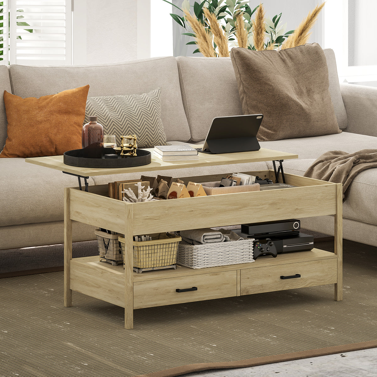 Table basse relevable, table basse avec tiroirs et compartiment caché pour salon, bureau à domicile, chêne-1