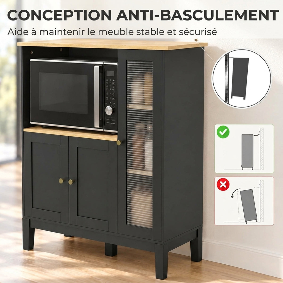 Meuble armoire micro-ondes pour cuisine avec 1 niche, 3 portes passe-câbles 80 x 35 x 97 cm noir et aspect bois-4