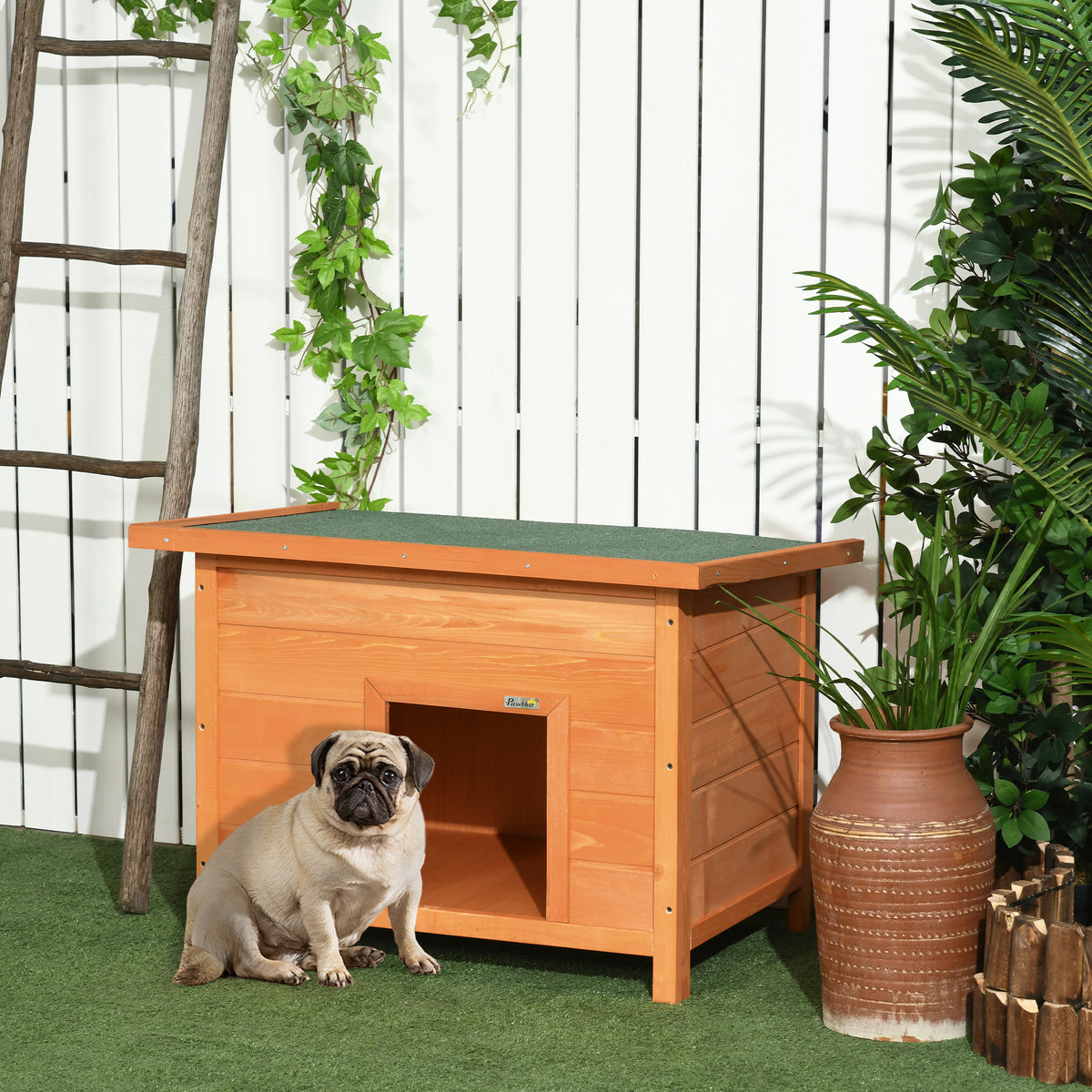 Niche pour chien chat en bois sur pied chenil toit ouvrant bitumé pin massif pré-huilé 85 x 58 x 58 cm-1