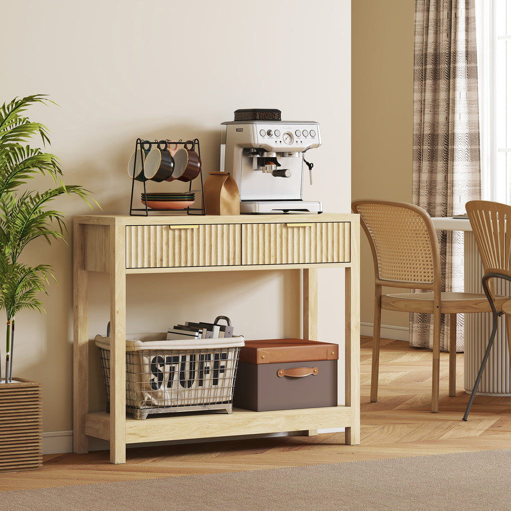 Console meuble 90 cm, table console étroite avec 2 tiroirs rainurés et étagère, style moderne, bois naturel-6