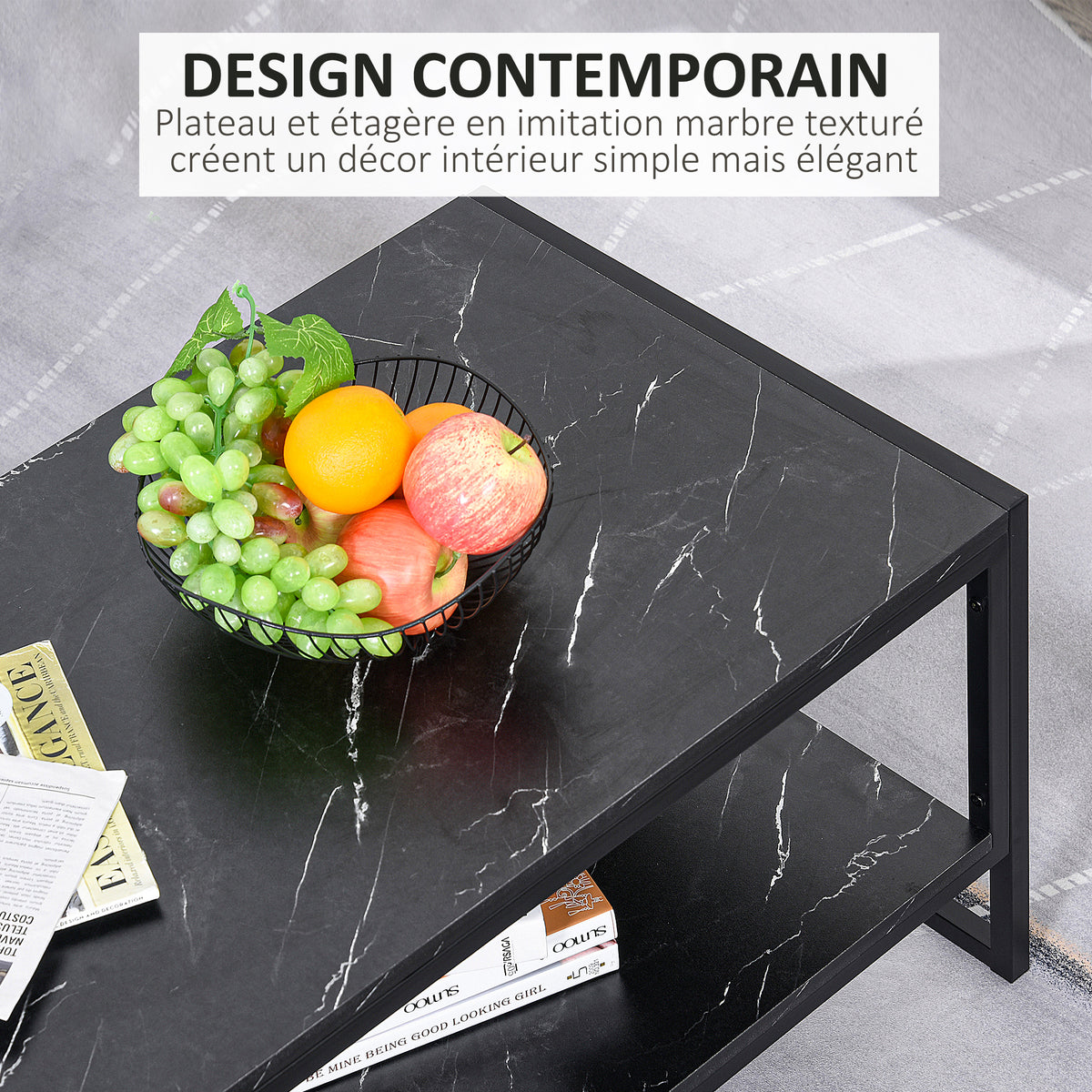 Table Basse Style Moderne avec 2 Étagères 106 x 50 x 47 cm Noir-5