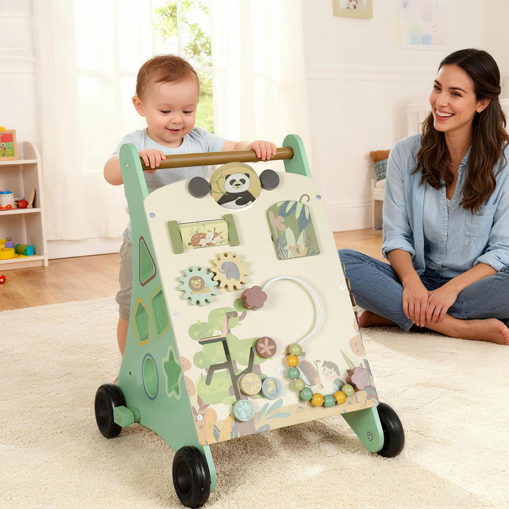 Trotteur en bois pour bébé 18+ mois, chariot de marche, contrôle de vitesse, centre d'activités, 33,5x36x46,8cm, vert-1