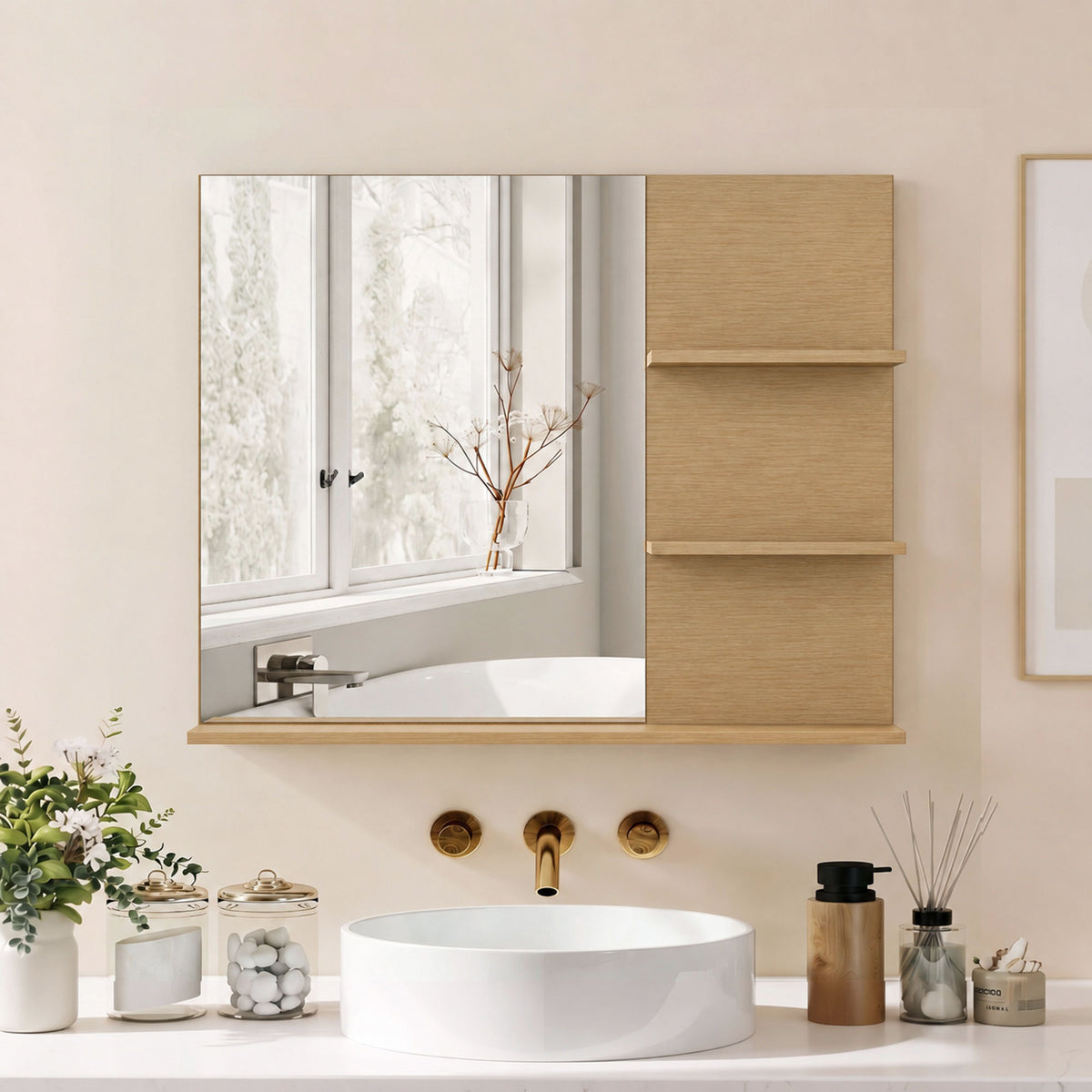 Miroir Salle de Bain avec 3 Étagères 60 x 48 cm, Miroir Mural Modern pour chambre à coucher, bureau, Chêne-1