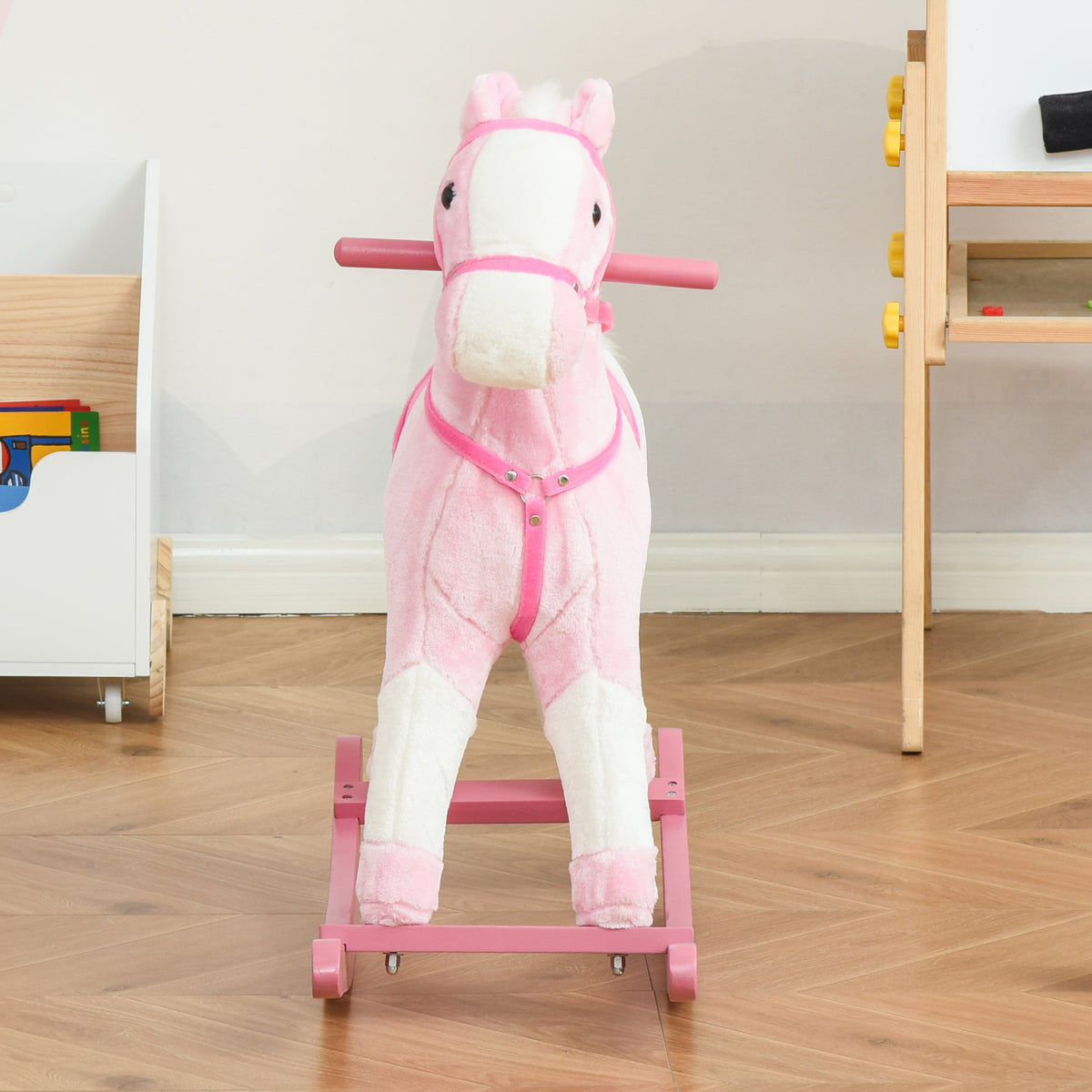 Cheval à Bascule en Bois et Peluche pour Enfant Cheval de Cowboy peluche Pour Enfants de 3-6 Ans Jouet balançoire avec Effet sonore Selle rênes Rose Blanc-8