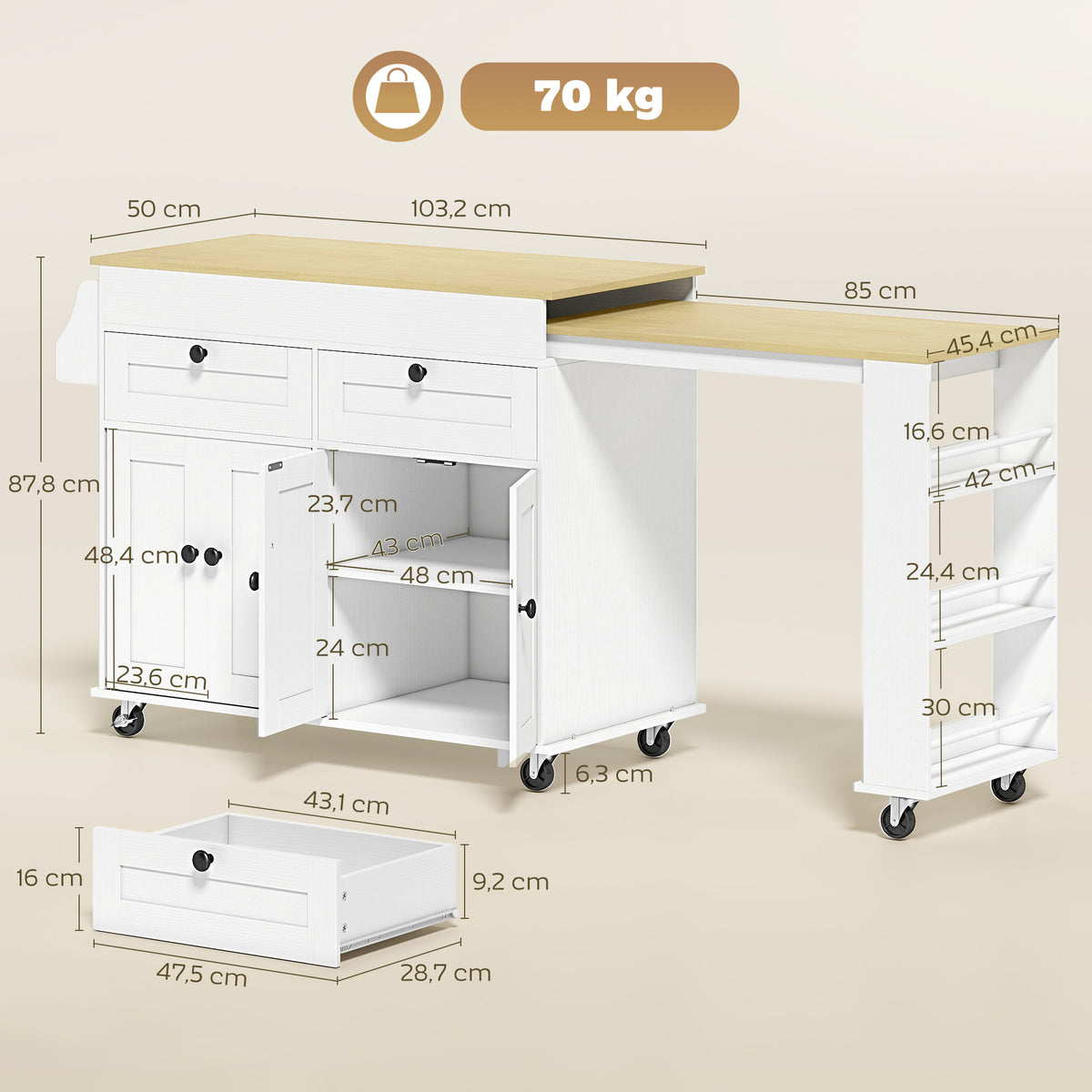 îlot central cuisine avec plateau extensible, desserte de cuisine sur roulettes avec 2 tiroirs, 4 portes, blanc-2