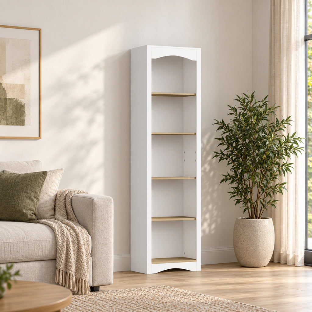 Bibliothèque Arquée 5 Niveaux, Étagère à Livres, Meuble de Rangement, Étagères Réglables, 50x30x183cm, Blanc et Chêne-1