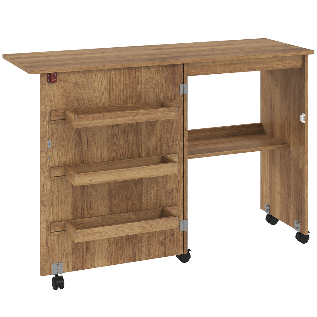 Table de couture pliante meuble couture à abattant avec bacs de rangement, étagère ouverte et roulettes, marron-0