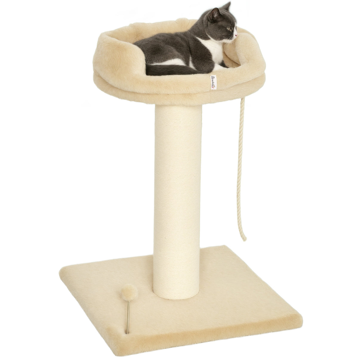 Arbre à chat grattoir design jeu boule et cordelette suspendue+ plateforme peluche - 55 x 55 x 83 cm - sisal beige-0