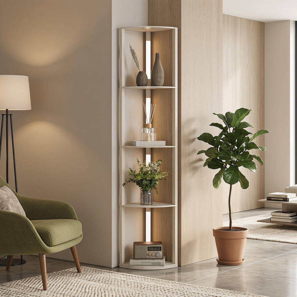 Lampadaire sur Pied Salon, Lampadaire avec Étagères d'Angle à 4 Niveaux, Lampe LED Dimmable, 41x29,5x163,5cm, Chêne-8