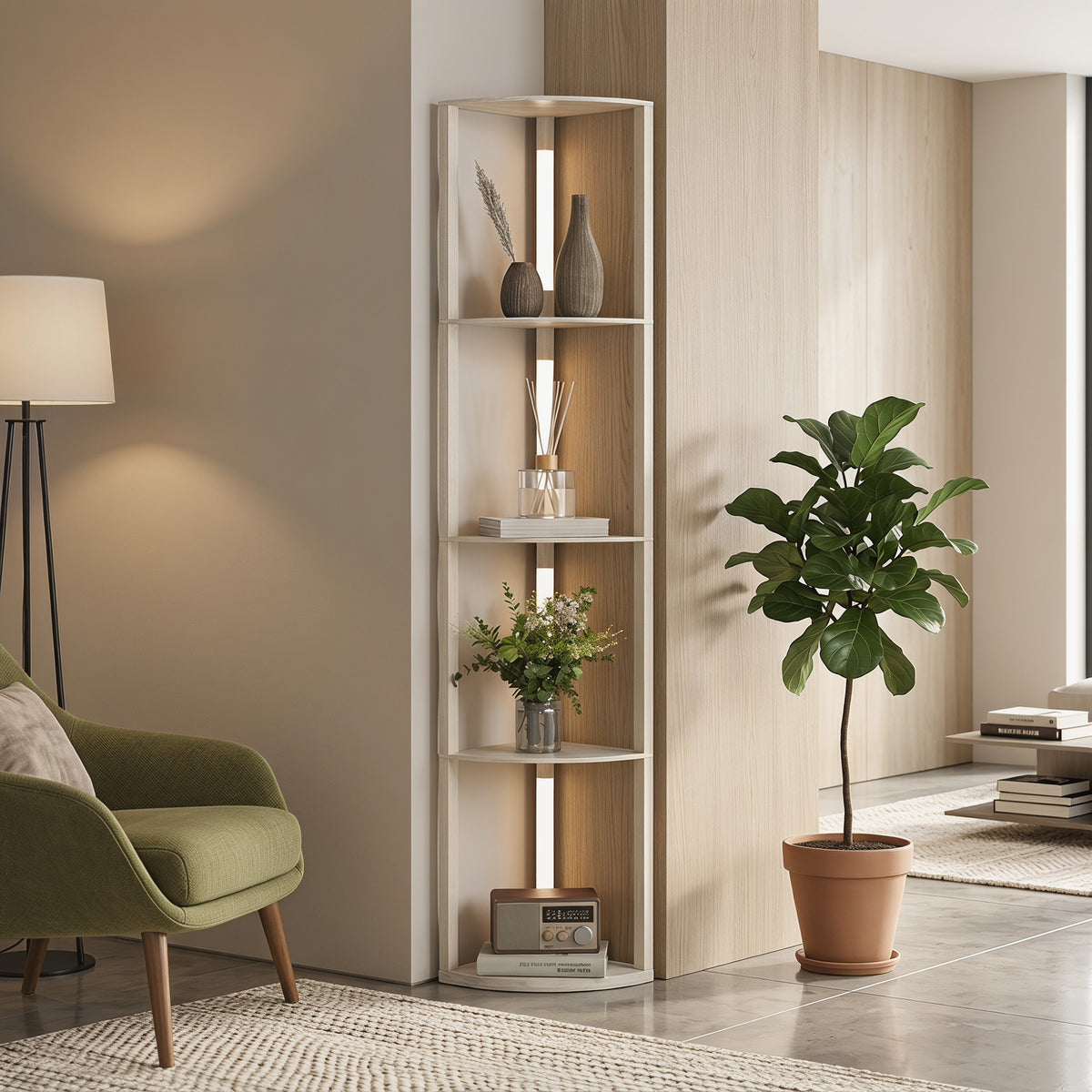 Lampadaire sur Pied Salon, Lampadaire avec Étagères d'Angle à 4 Niveaux, Lampe LED Dimmable, 41x29,5x163,5cm, Chêne-8
