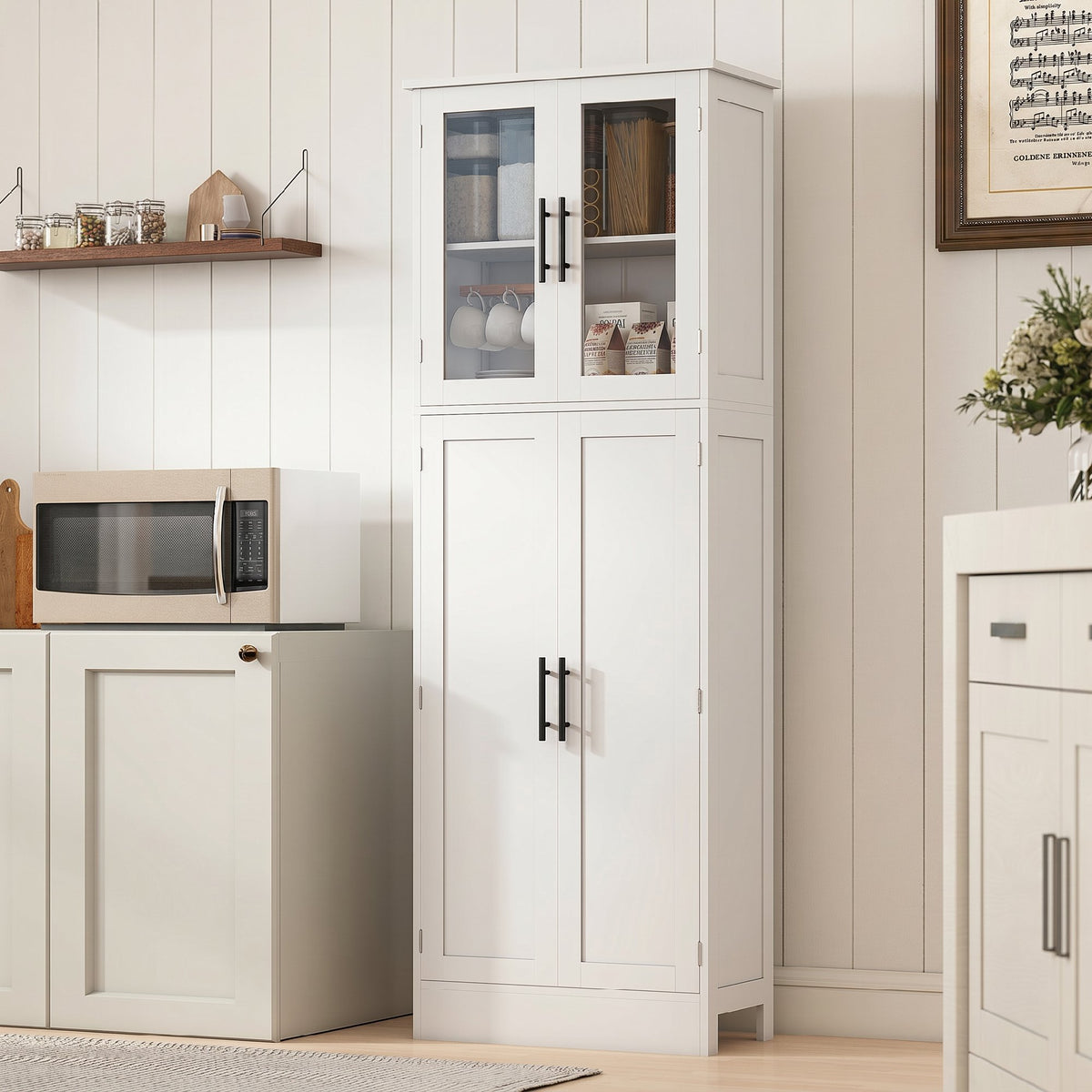 Meuble de salle de bain haut 6 niveaux, meuble de rangement avec 4 portes dont 2 vitrées et étagères réglables, blanc-8