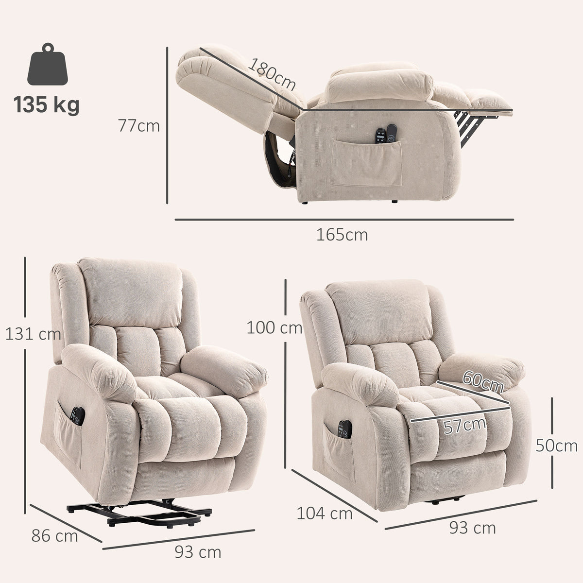 Fauteuil releveur électrique massage et chauffage avec repose-pied, dossier inclinable, télécommande et poche latérale-2