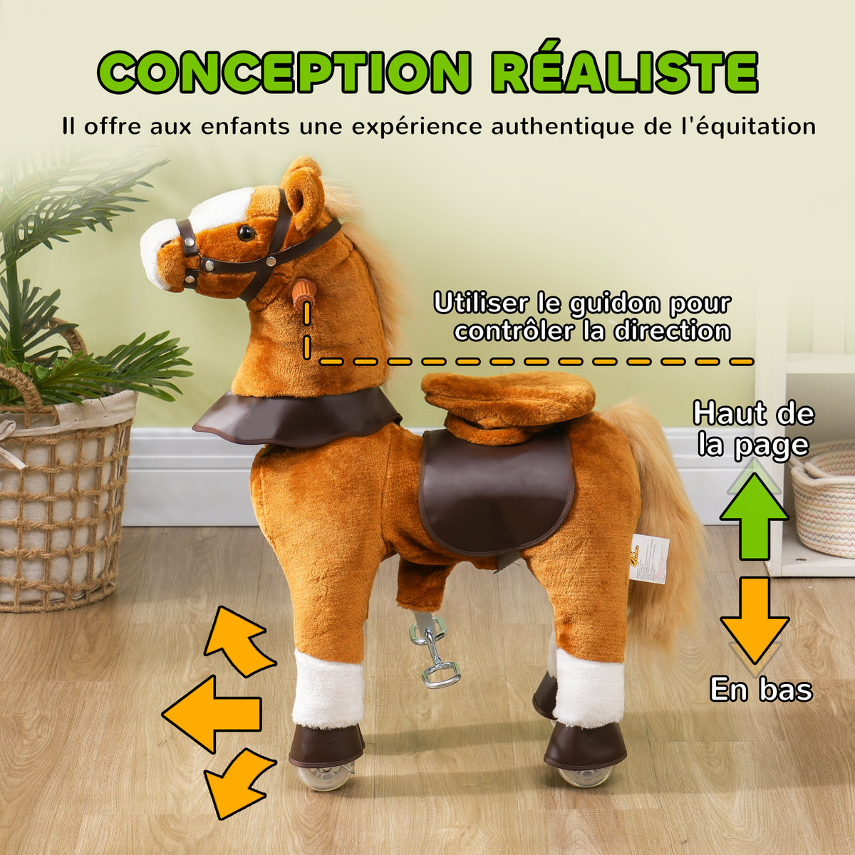 Cheval à monter pour enfant cheval à roulettes selle surélevée pour enfants 3-5 ans charge 60 kg 70 x 28 x 70 cm marron-3