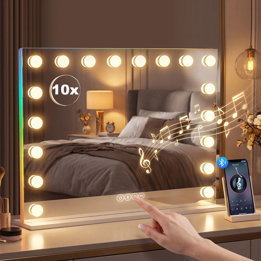 Miroir maquillage Hollywood 18 ampoules LED, 3 couleurs d'éclairage, lumière RGB, haut-parleur Bluetooth, blanc-9