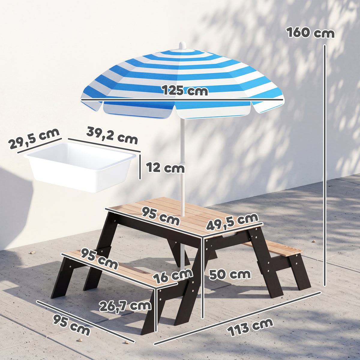 Table de pique-nique enfants avec parasol, 3 en 1 salon de jardin en bois pour enfants 3-6 ans avec 2 boîtes, naturel-2