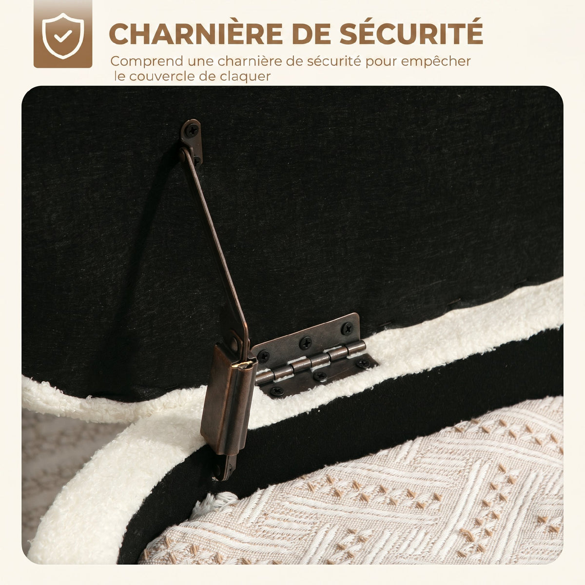 Banc de rangement, banc coffre de rangement en tissu bouclette avec couvercle relevable et pieds en acier, crème-4