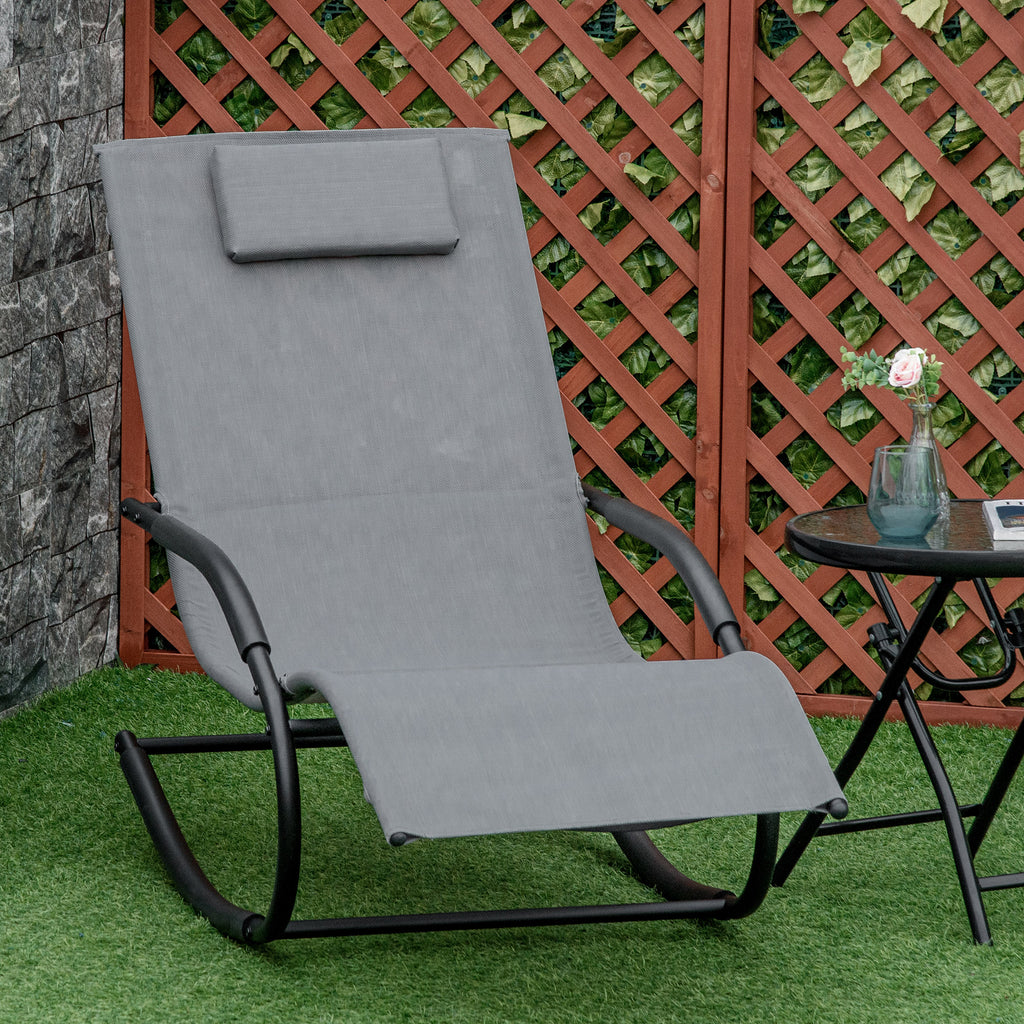 Chaise longue à bascule rocking chair ergonomique avec tétière accoudoirs métal galvanisé textilène Gris-9