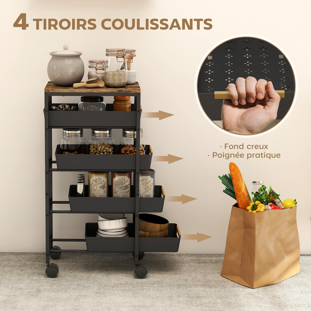 Desserte cuisine, chariot de rangement à roulettes 5 niveaux avec 4 tiroirs coulissants, étagère de rangement, noir-3