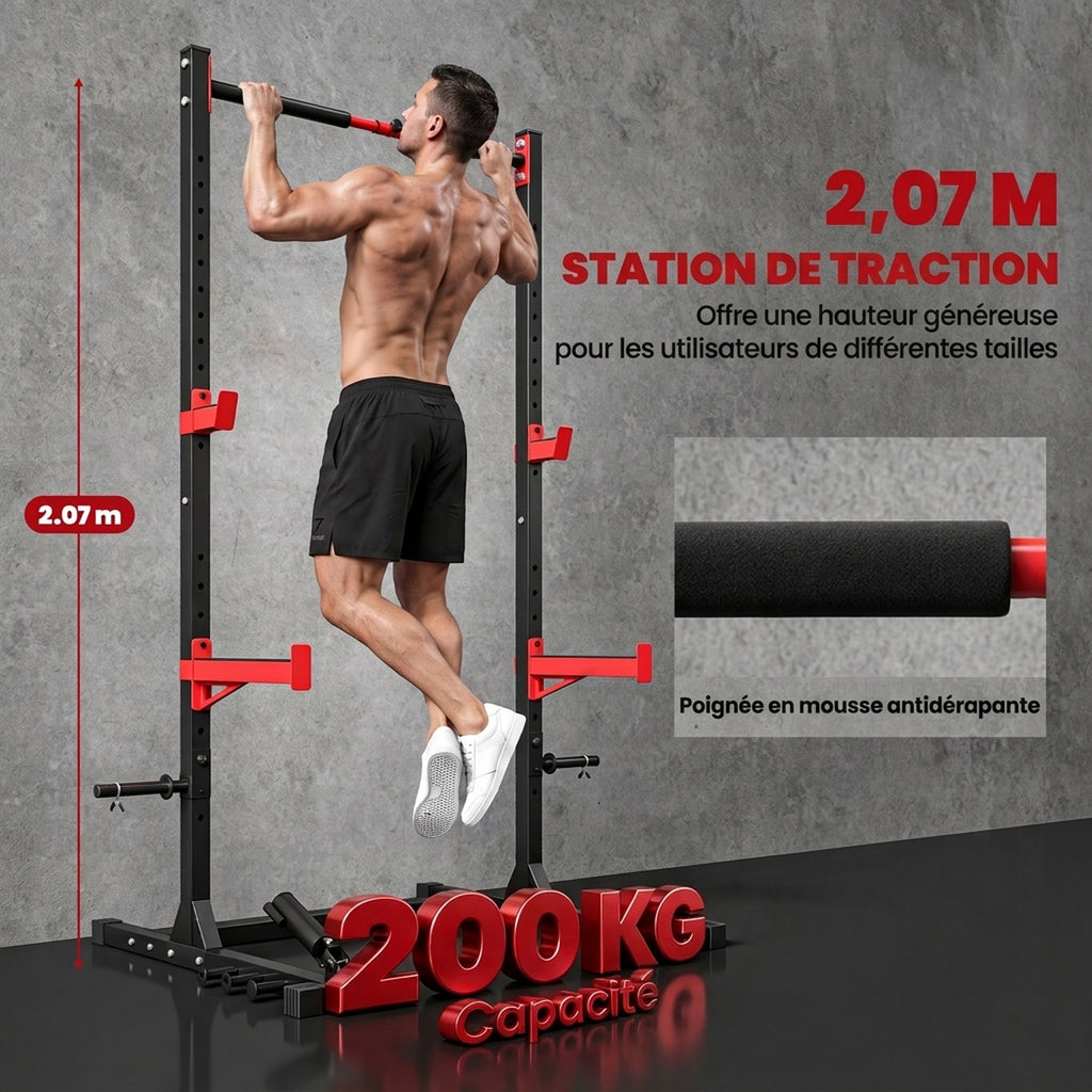 Power Tower Multifonction Charge 500 kg Largeur Réglable, Barre de Traction, Rack de Squat, 176x106x212cm, Rouge-5