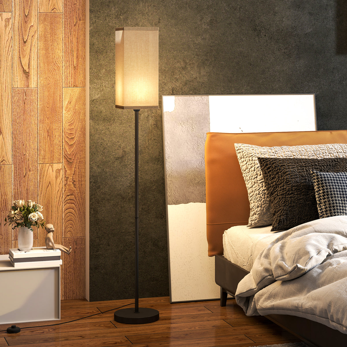 Lampadaire sur pied salon lampe salon sur pied avec abat-jour beige effet lin interrupteur à pied Ø 25 x 161,5 cm noir-9