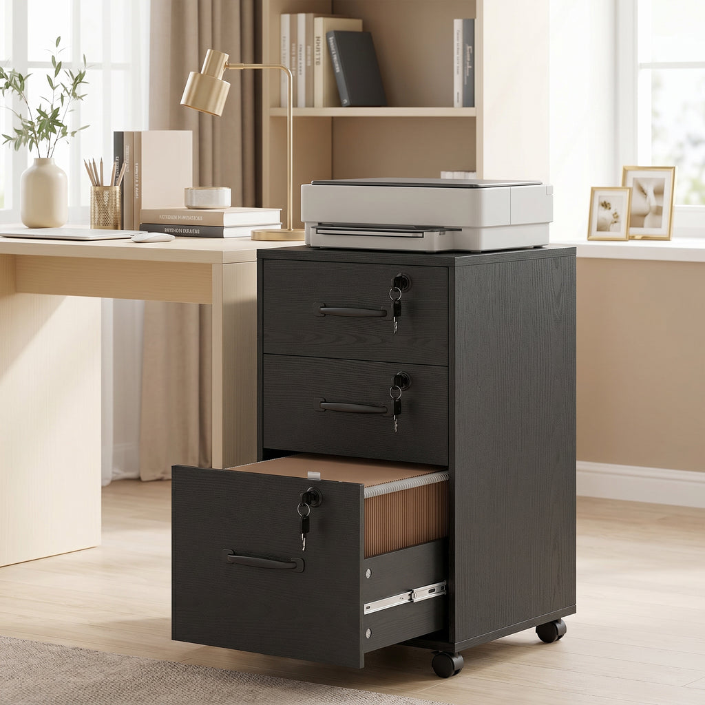 Caisson de Bureau Mobile avec 3 Tiroirs Verrouillables, Caisson de Rangement sur Roulettes, 40 x 40 x 69,5 cm, Noir-8