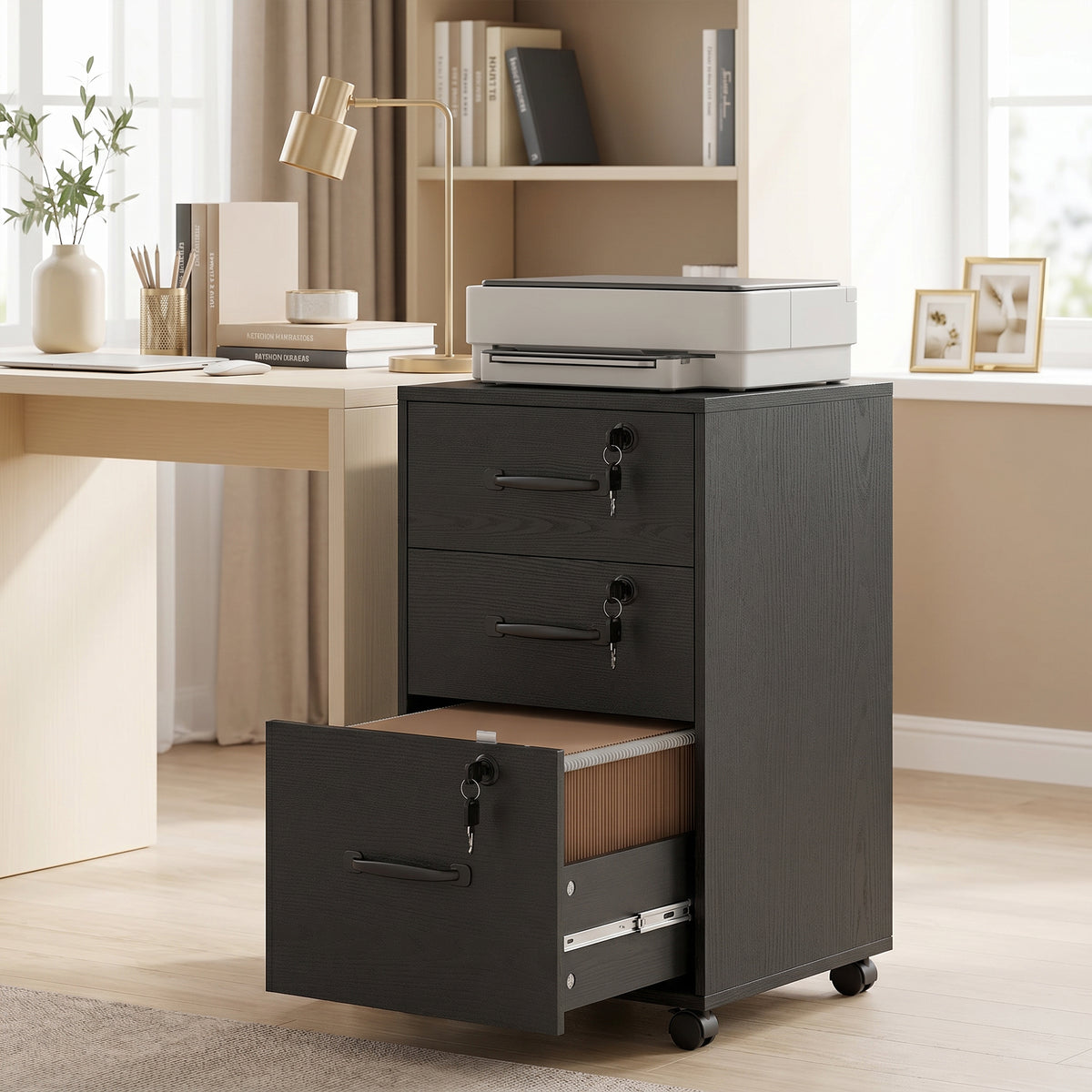 Caisson de Bureau Mobile avec 3 Tiroirs Verrouillables, Caisson de Rangement sur Roulettes, 40 x 40 x 69,5 cm, Noir-8