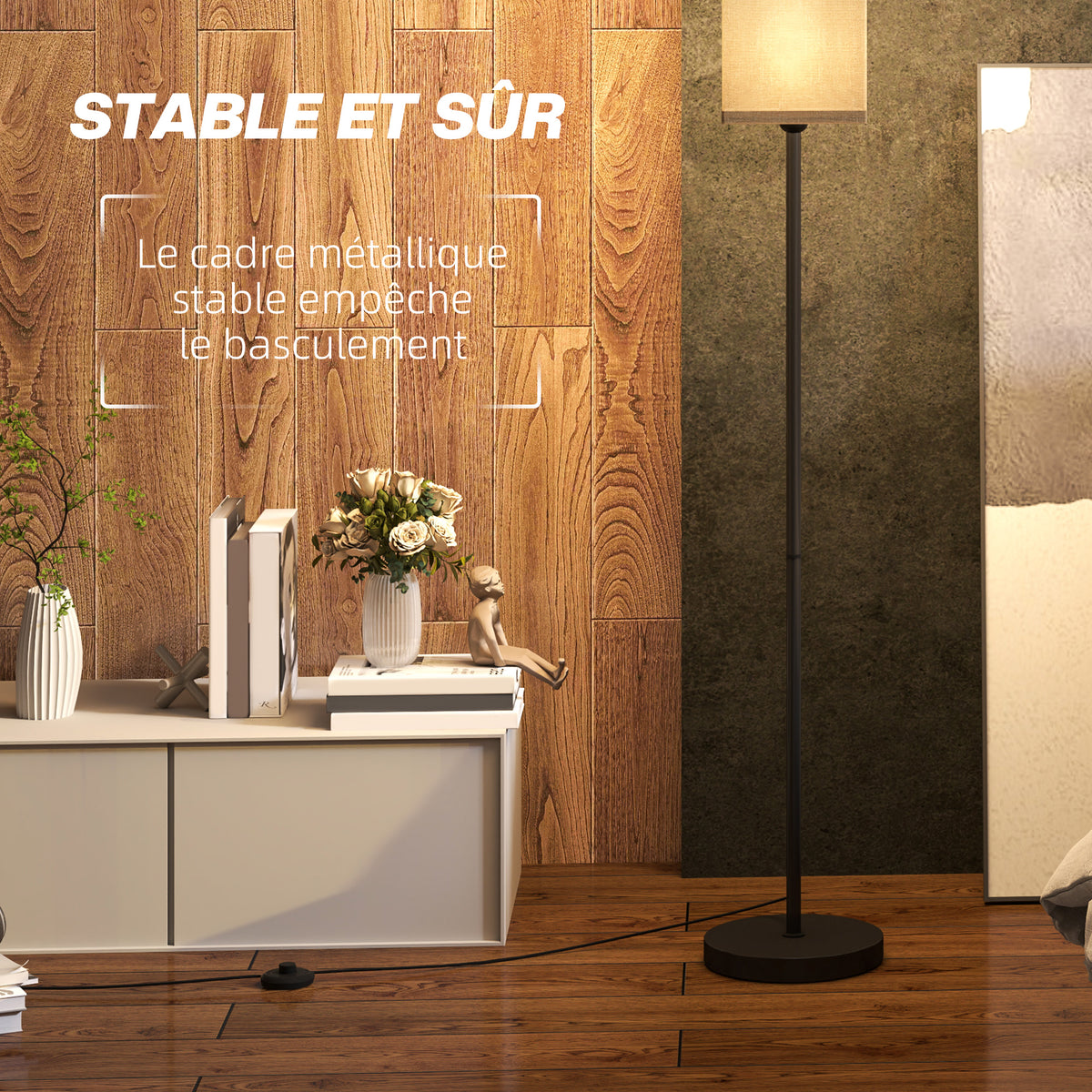 Lampadaire sur pied salon lampe salon sur pied avec abat-jour beige effet lin interrupteur à pied Ø 25 x 161,5 cm noir-5
