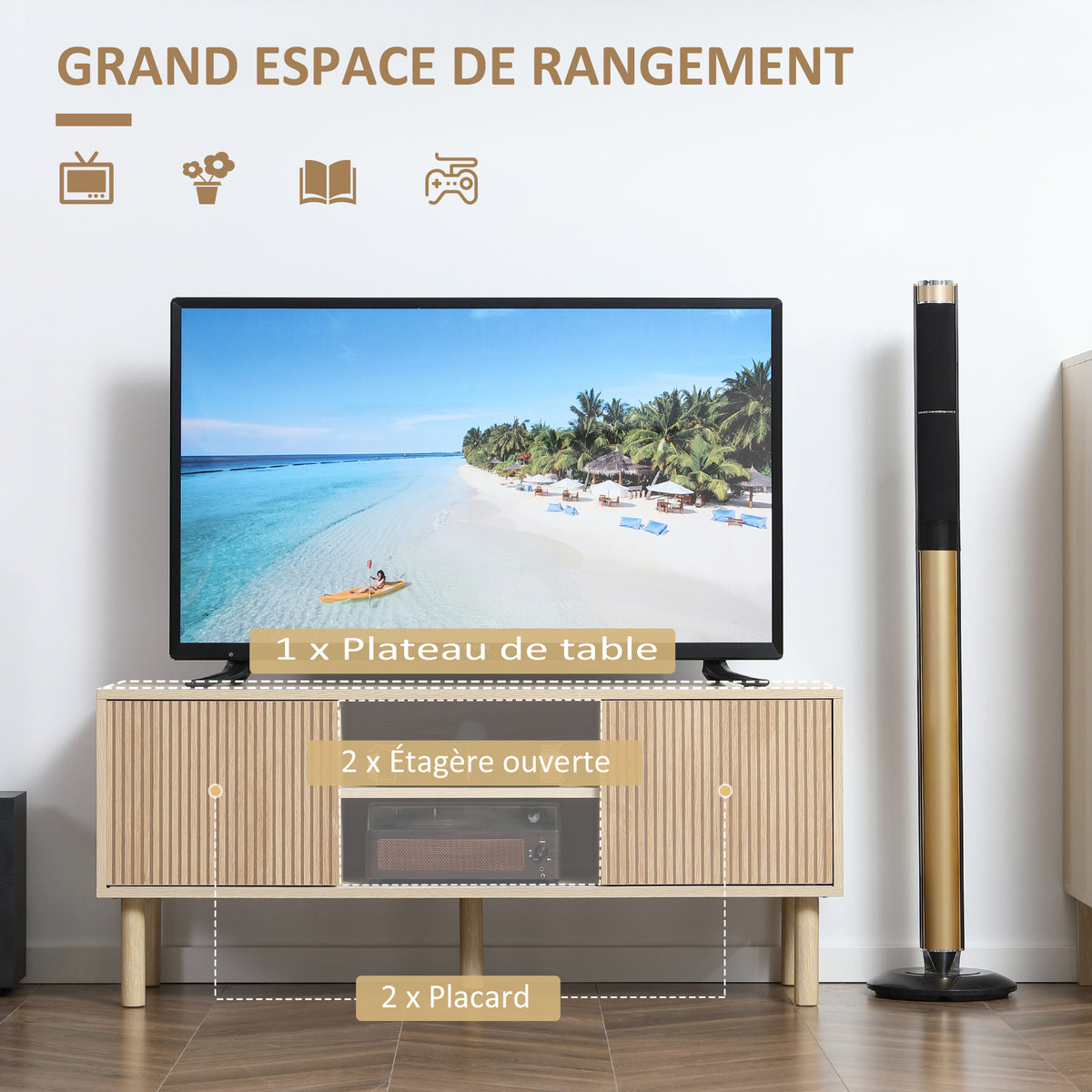 Meuble TV support TV pour télévision jusqu'à 50 pouces 2 portes coulissantes et 2 niches avec passe-câbles - 115 x 40 x 49 cm-4