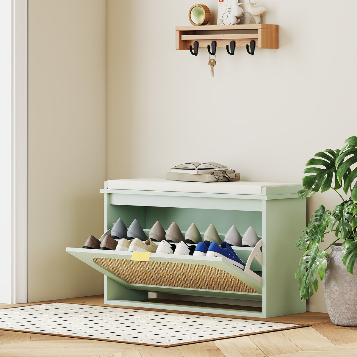 Banc à chaussures, banc de rangement, assise rembourrée, tiroir rabattable, porte en rotin, 80 x 26 x 47,5 cm, vert-1