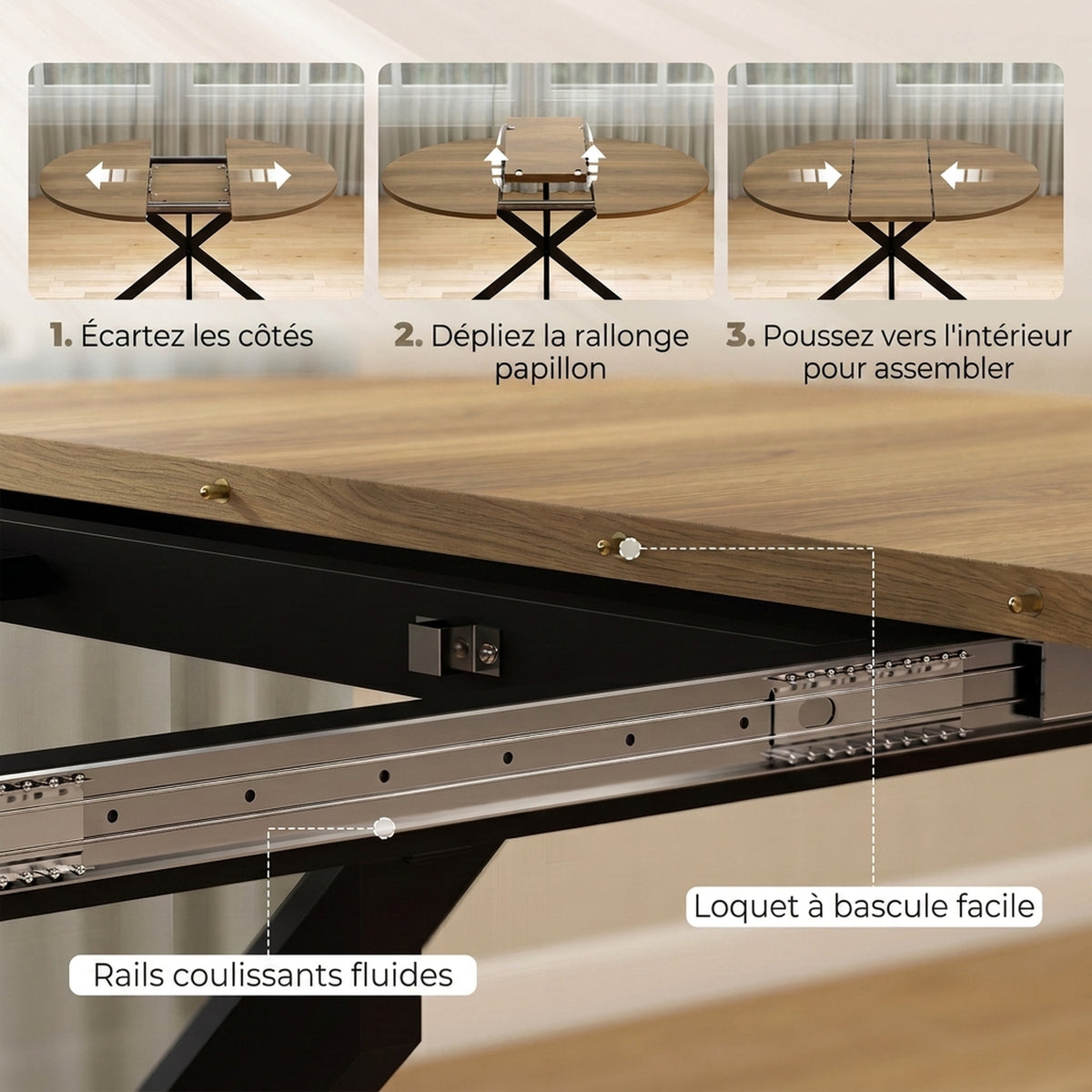 Table à manger extensible ovale pour 4 à 6 personnes, table de cuisine avec rallonge 100-135 cm, effet bois marron-4