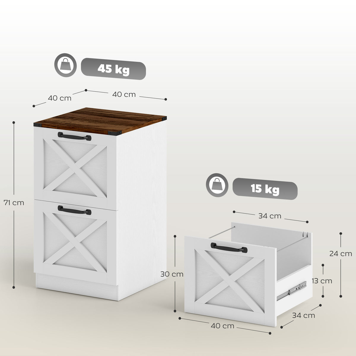 Caisson de Bureau avec 2 Tiroirs, Dossiers Suspendus pour Formats Lettre/A4, Style Rustique, 40x40x71cm, Blanc-2