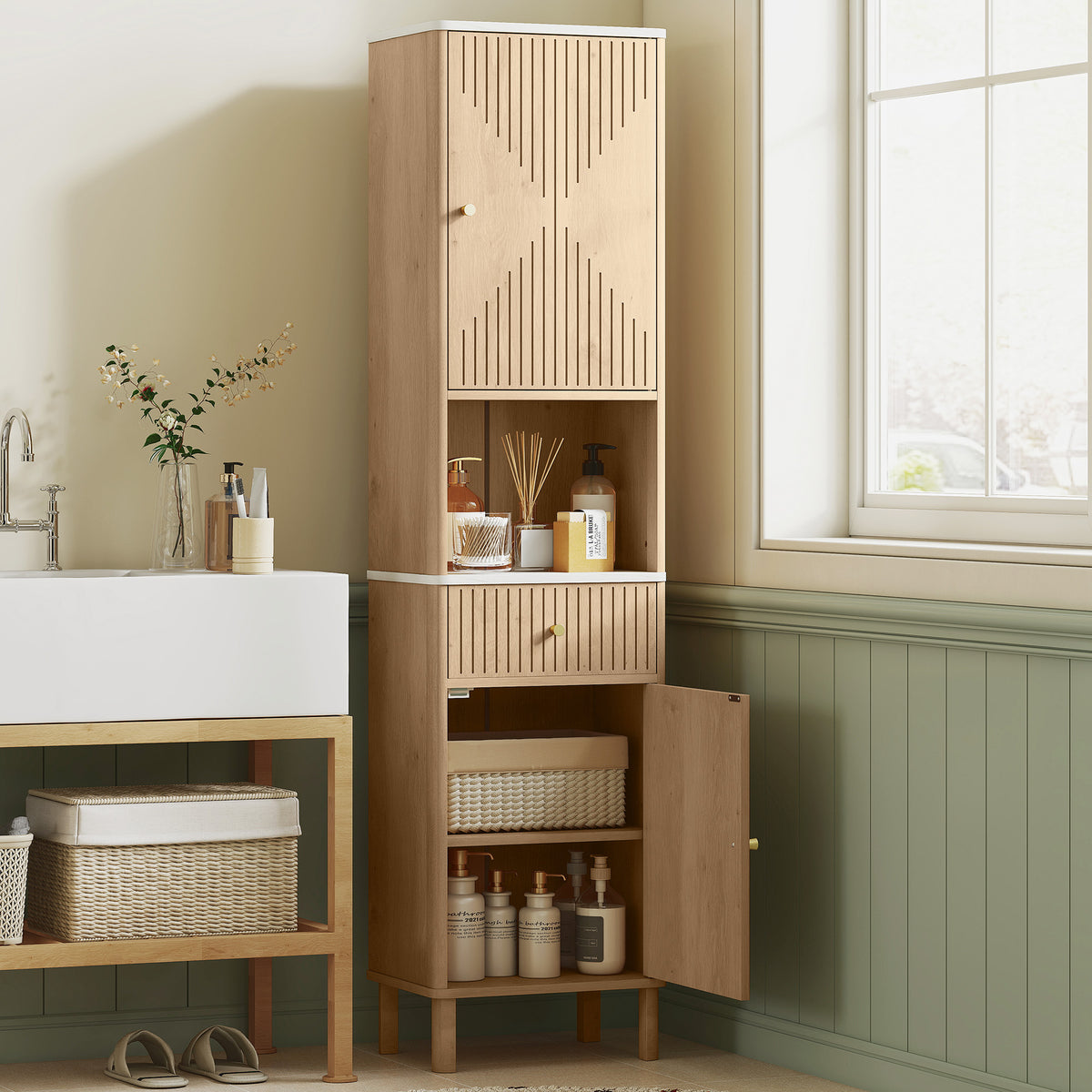 Armoire salle de bain haute meuble de rangement colonne avec tiroir coulissant silencieux 2 placards 41,5x30x168cm chêne-1