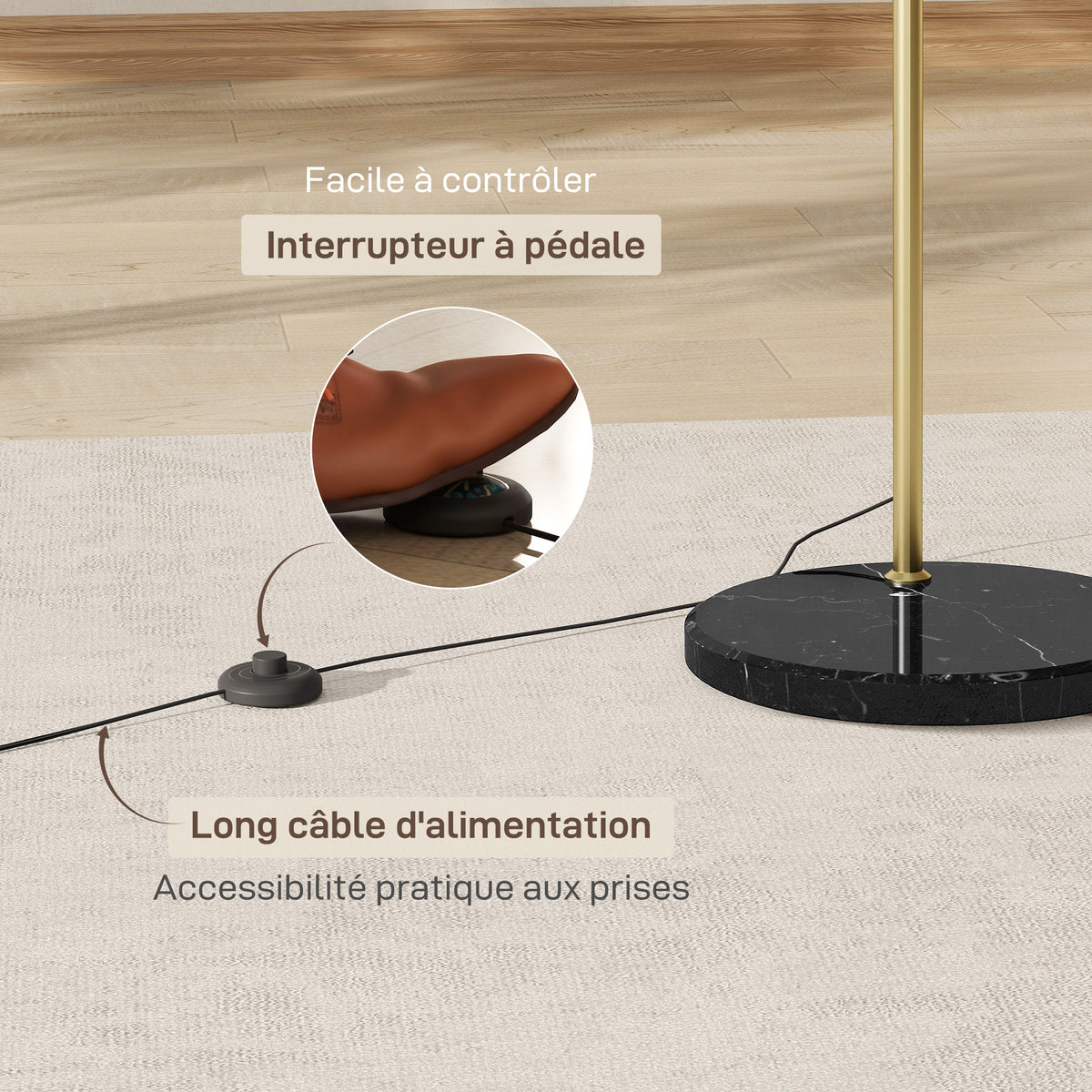 Lampadaire lampe de salon arc réglable pied marbre style vintage 40W E27 dim. 100-115L x 30l x 170-180H cm doré-5