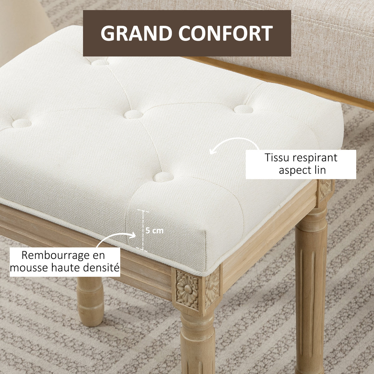 Repose pied salon, ottoman, siège rembourré en tissu aspect lin avec pieds en bois d'hévéa, 42 x 32 x 46,5 cm, beige-3